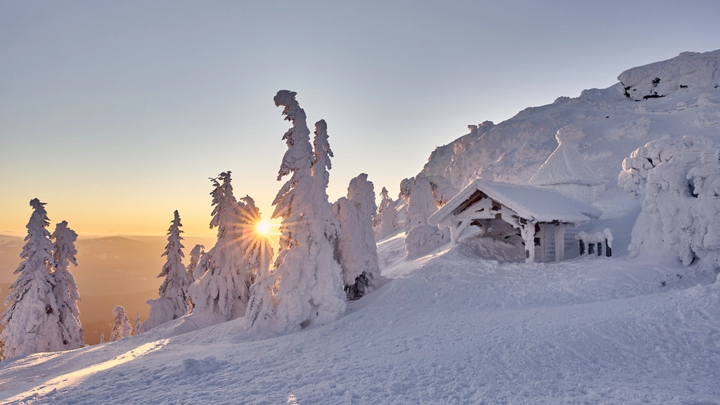 Verschneite Bäume und kleines Haus bei Sonnenaufgang in den Bergen