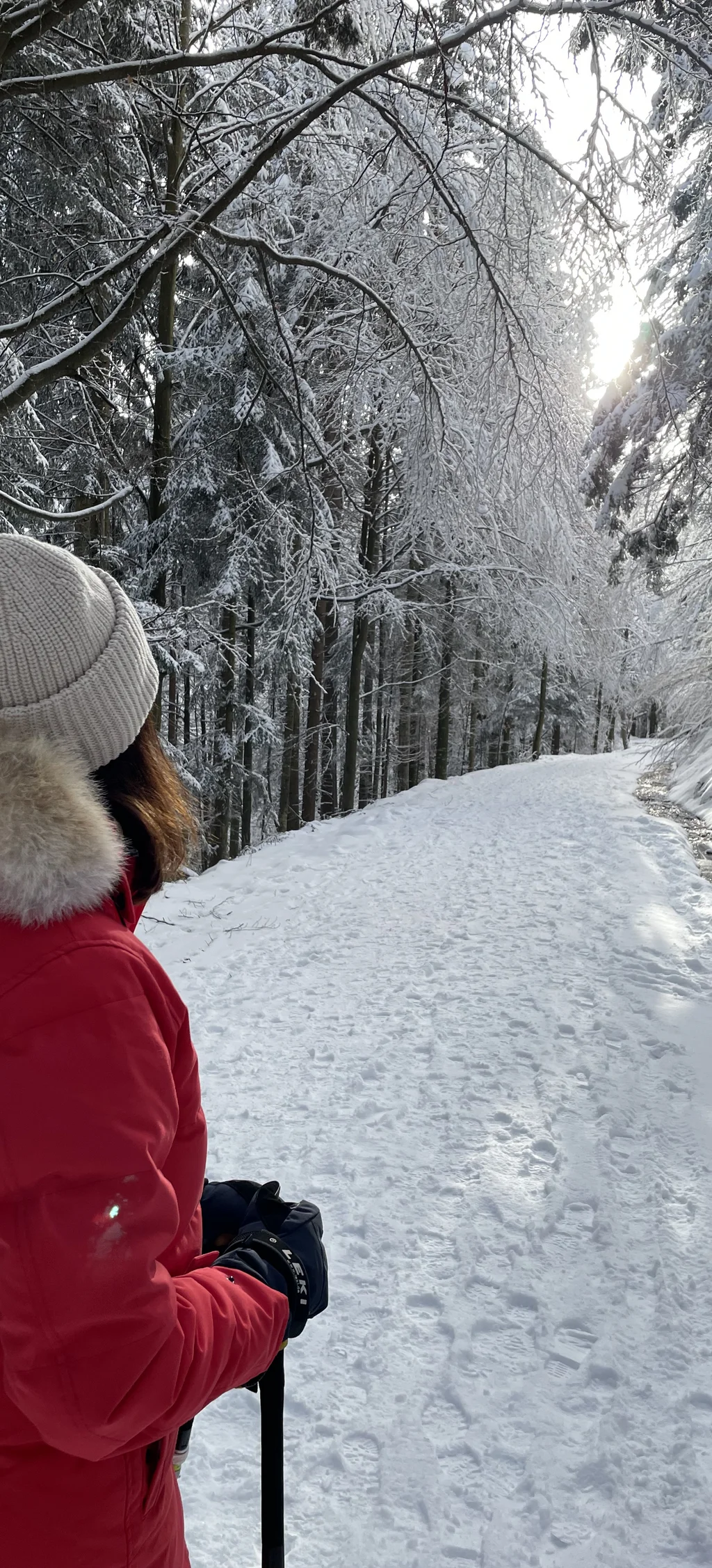 Frau in rotem Mantel und Mütze wandert auf verschneitem Waldweg