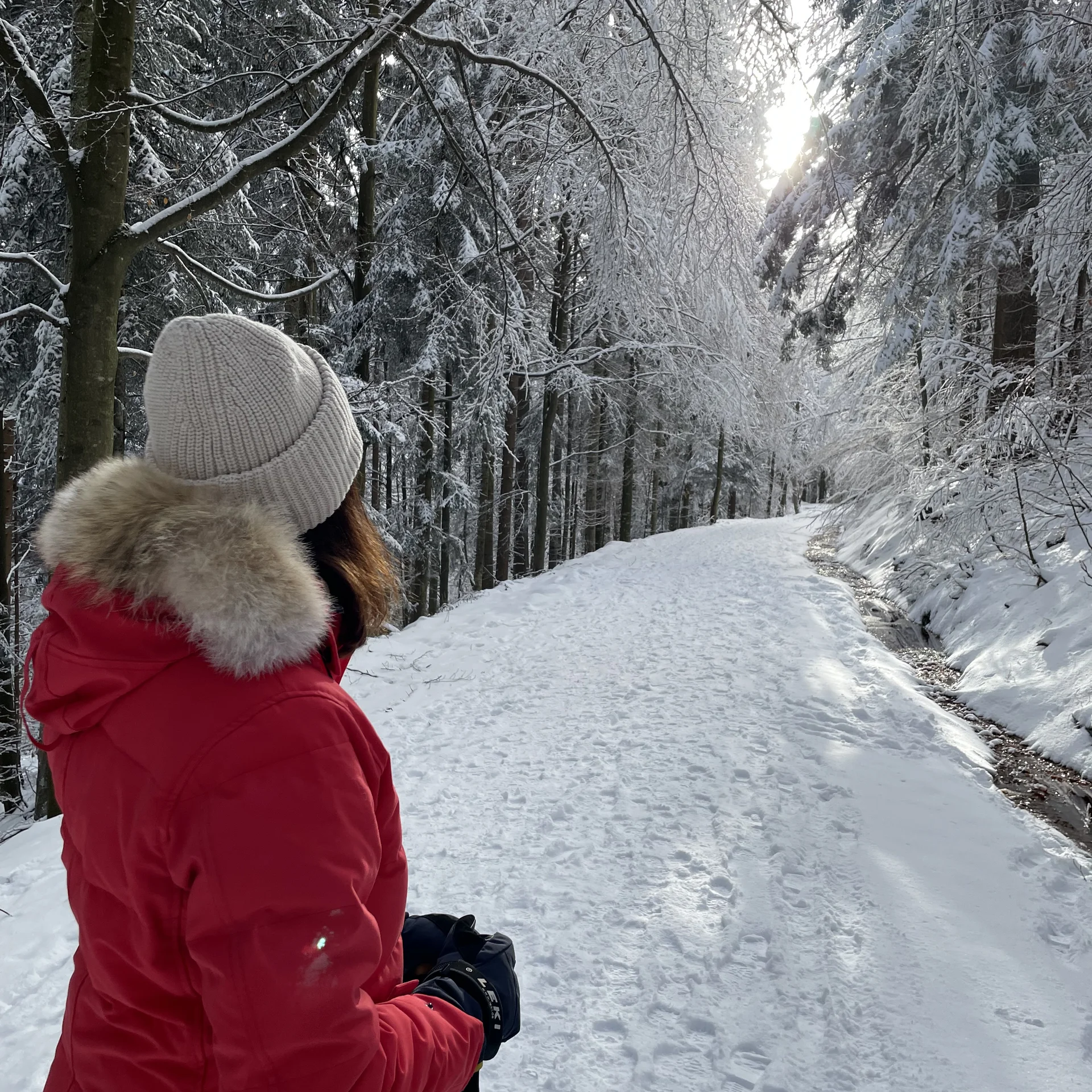 Frau in rotem Mantel und Mütze wandert auf verschneitem Waldweg