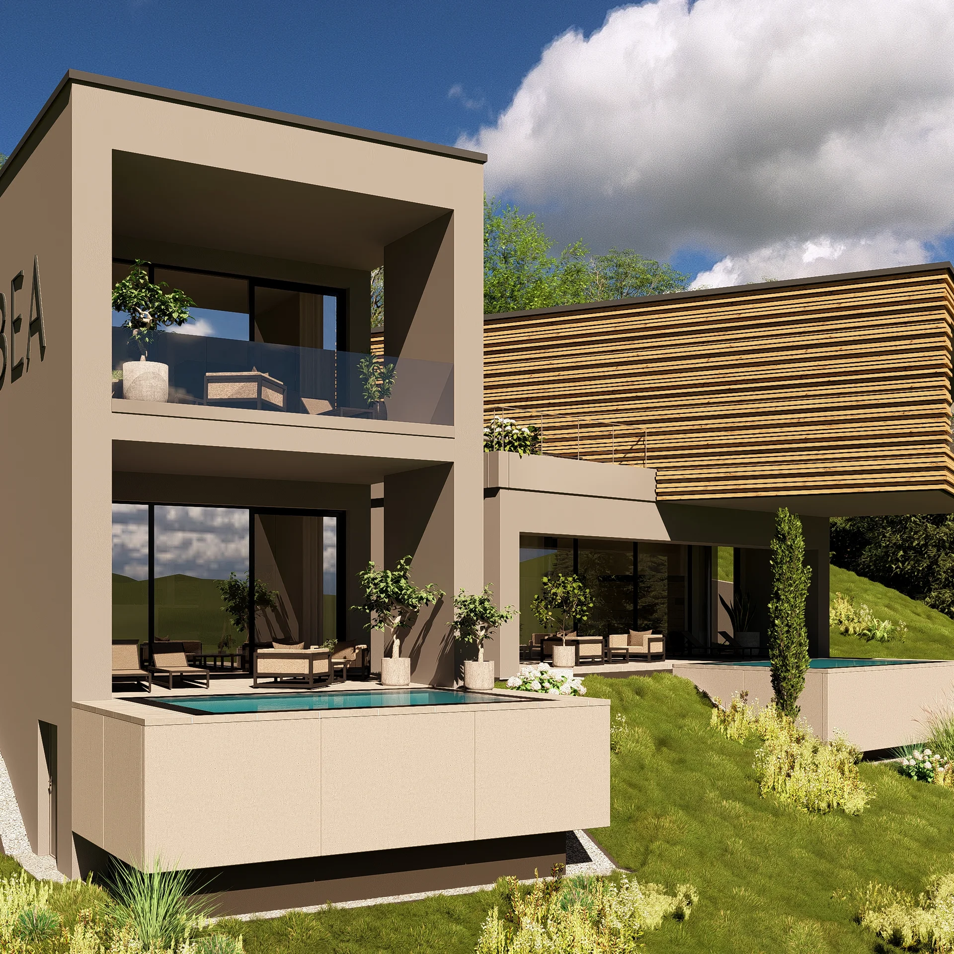 Modernes Haus mit Terrasse und Pool in grüner Hügellandschaft bei sonnigem Wetter