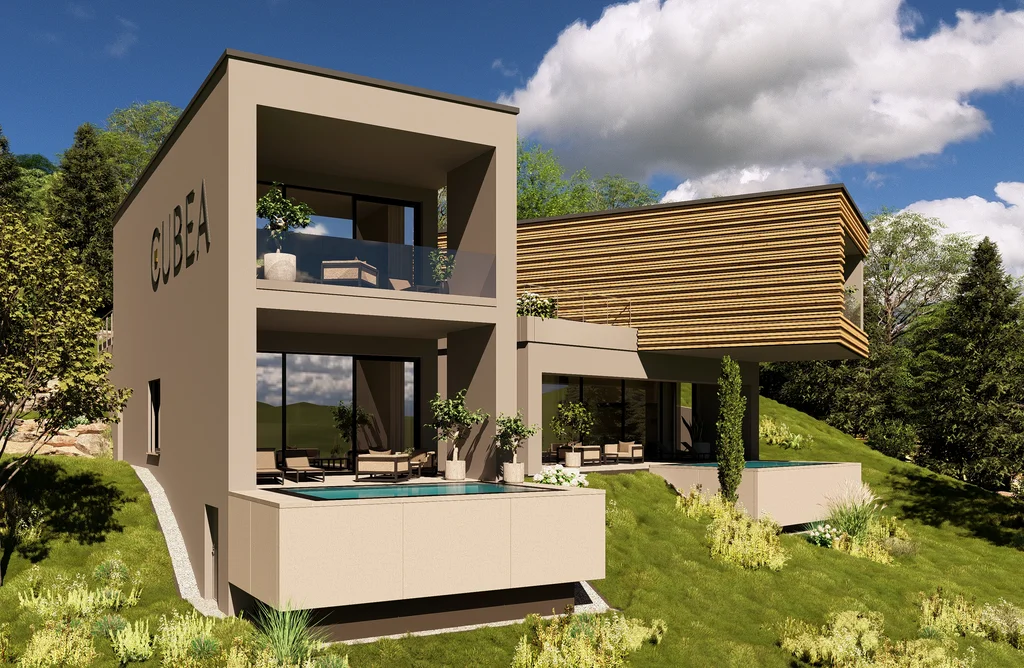 Turm 2 Modernes Haus mit Terrasse und Pool in grüner Hügellandschaft bei sonnigem Wetter