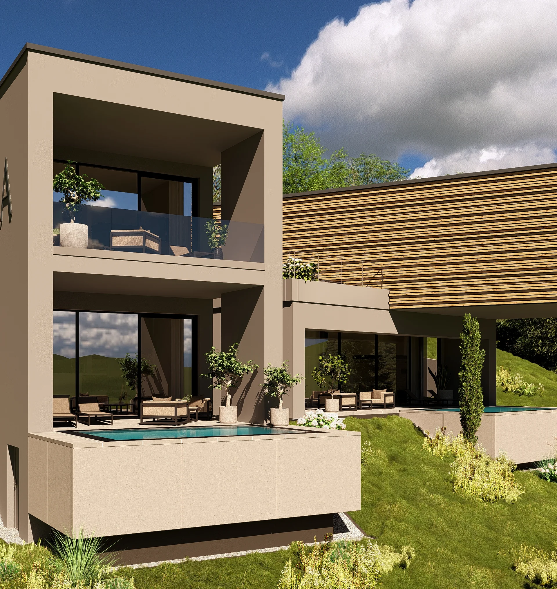 Modernes Haus mit Terrasse und Pool in grüner Hügellandschaft bei sonnigem Wetter
