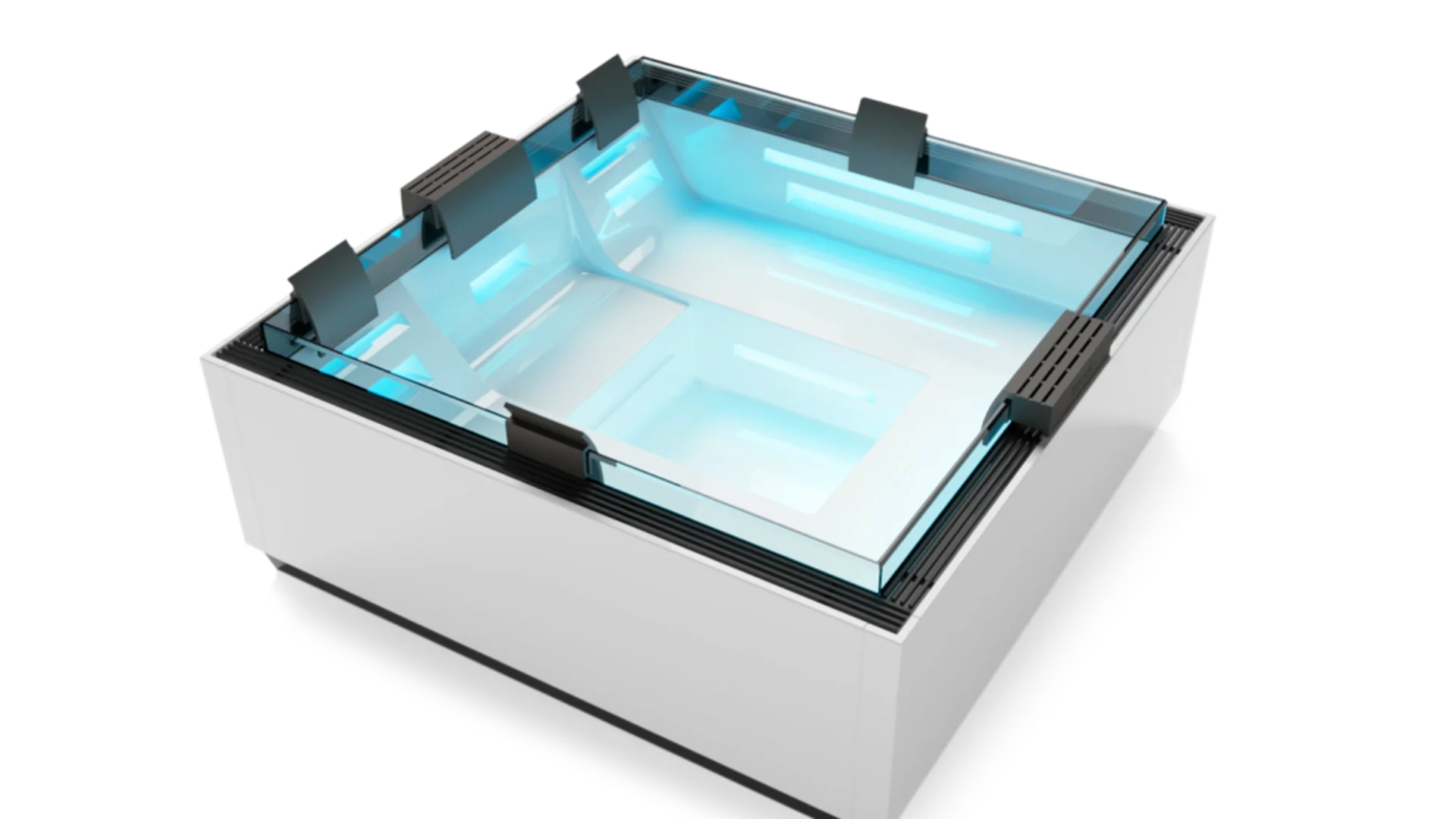 Moderner quadratischer Whirlpool mit blauer Beleuchtung und Glasrahmen
