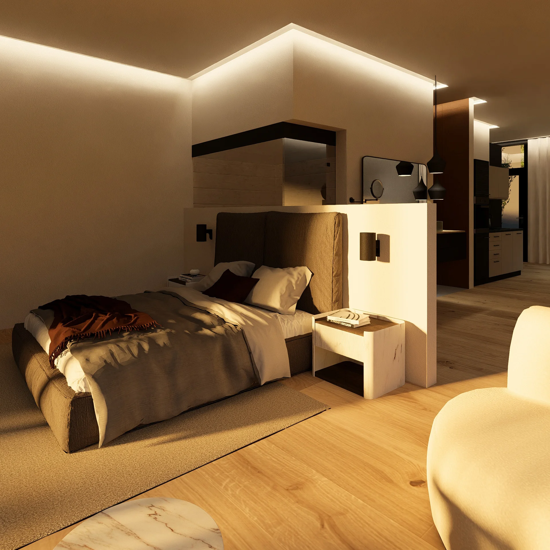 Modernes Hotelzimmer mit Doppelbett, Sessel und großer Fensterfront mit Blick ins Grüne