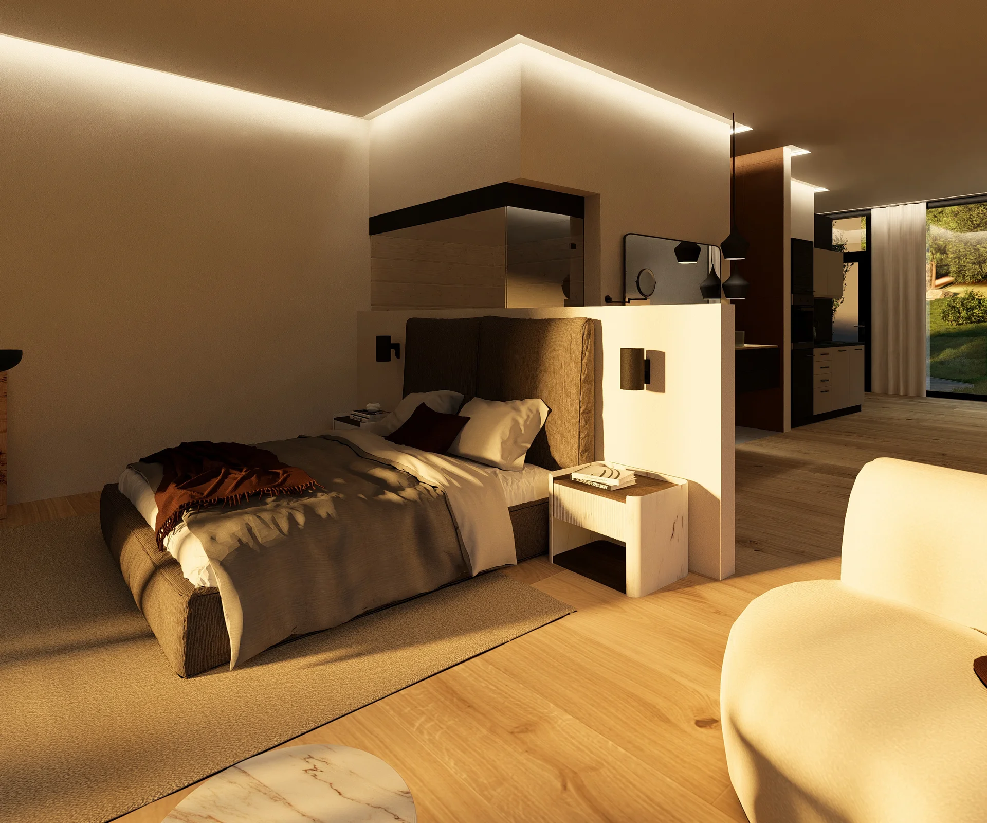 Modernes Hotelzimmer mit Doppelbett, Sessel und großer Fensterfront mit Blick ins Grüne