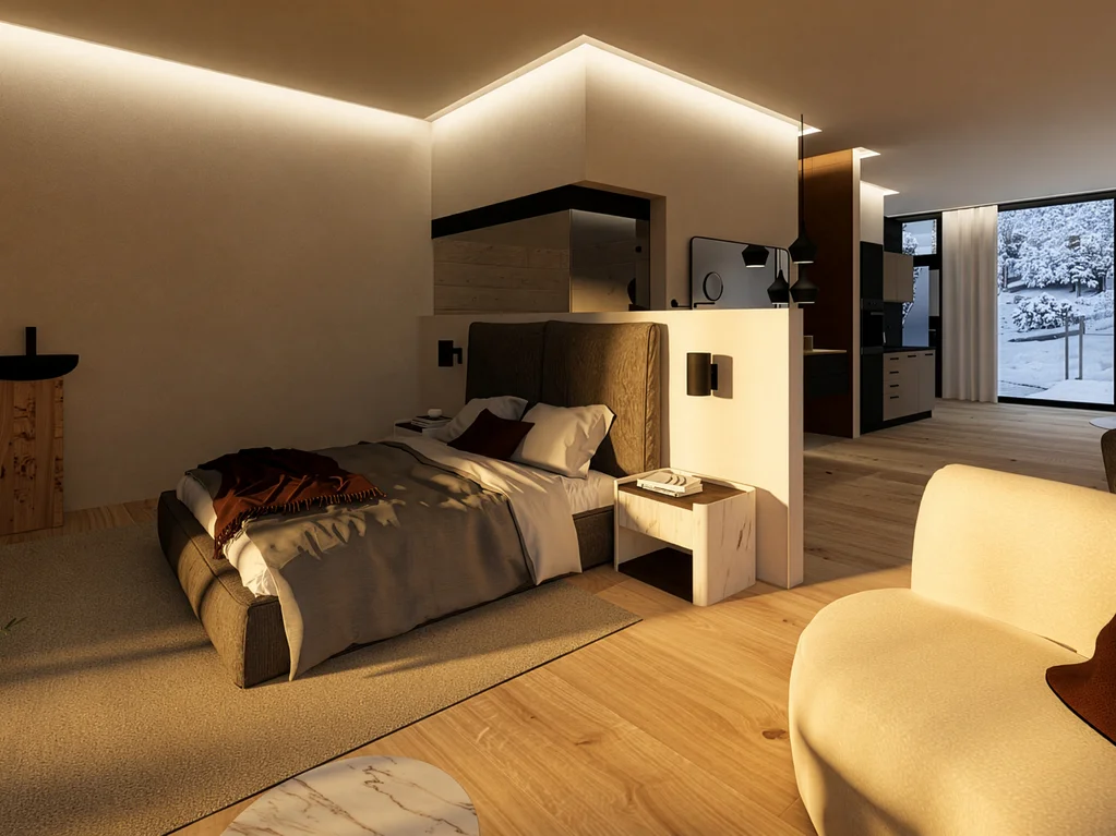 Modernes Schlafzimmer mit großem Fenster und Blick auf verschneite Landschaft