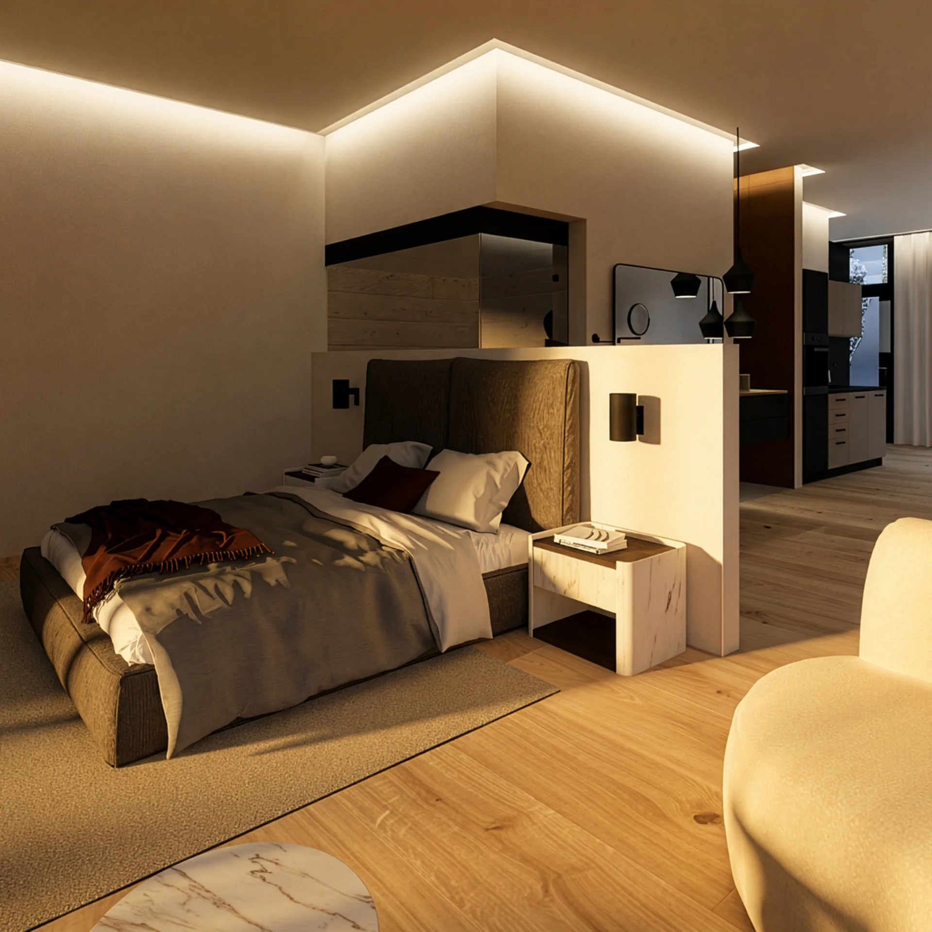 Modernes Schlafzimmer mit großem Fenster und Blick auf verschneite Landschaft