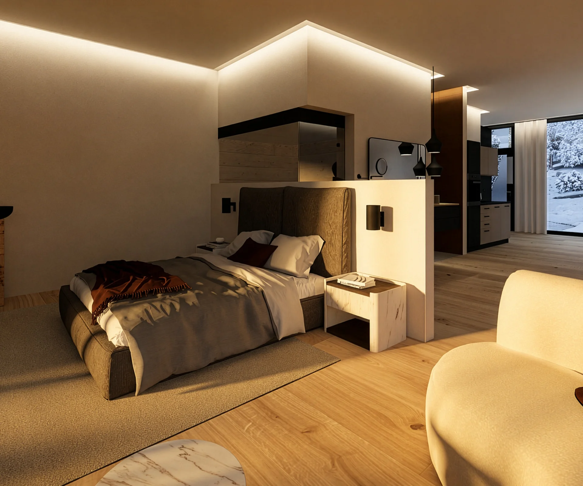 Modernes Schlafzimmer mit großem Fenster und Blick auf verschneite Landschaft