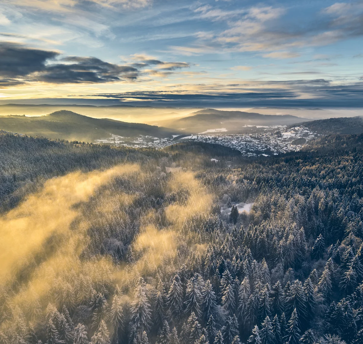 Sonnenaufgang über verschneitem Wald mit Nebel und Bergen im Hintergrund