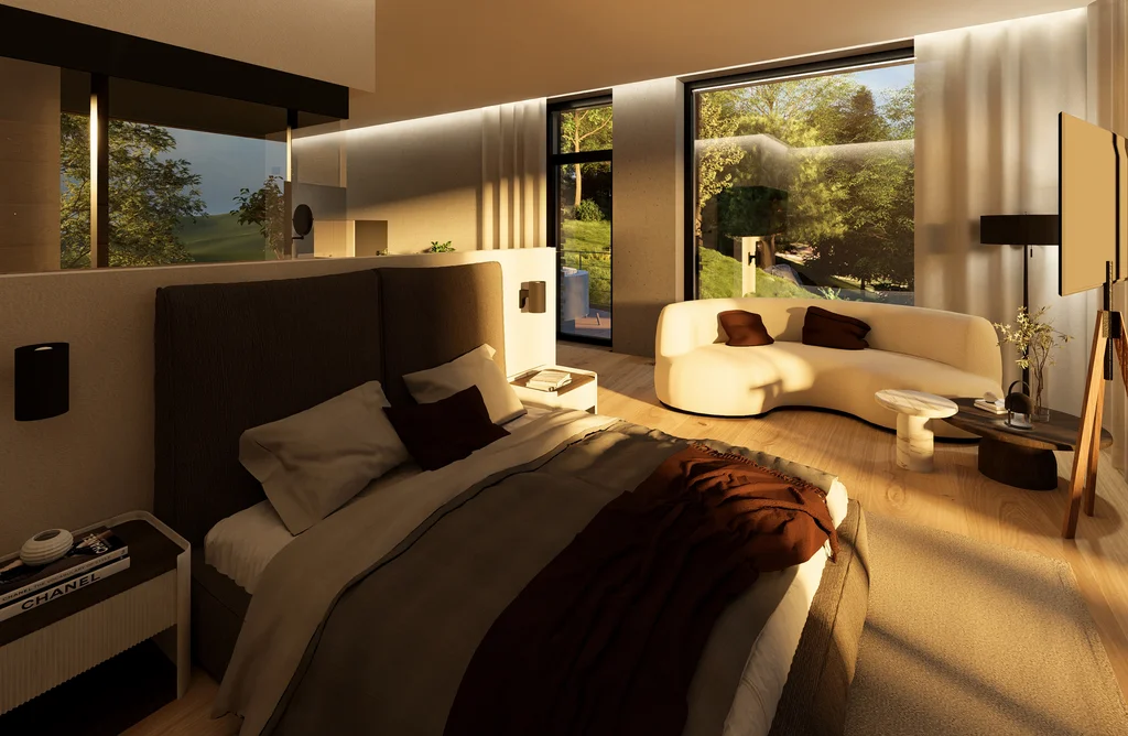 Wald 1 Modernes Schlafzimmer mit großem Bett und gemütlicher Sitzbank am Fenster
