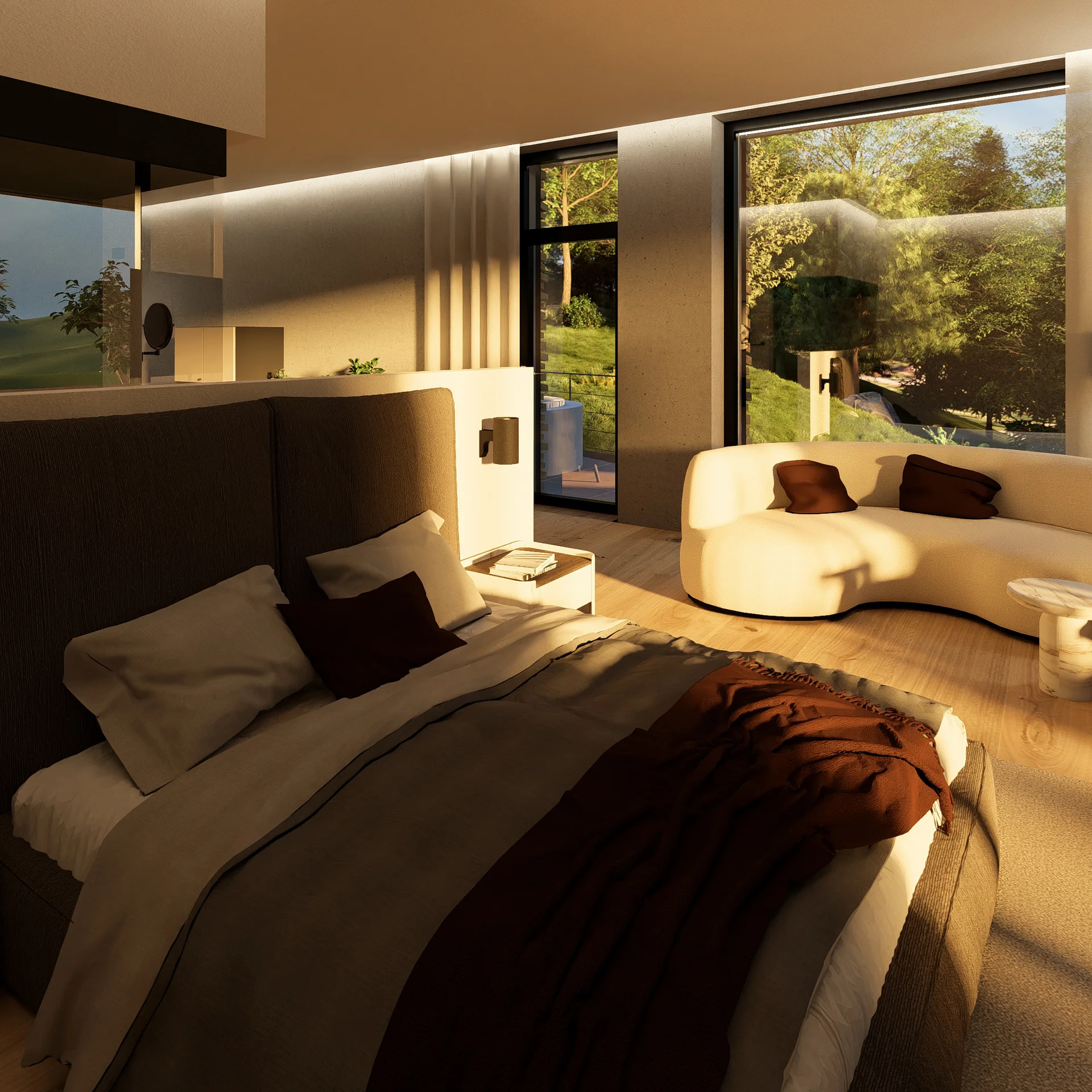 Modernes Schlafzimmer mit großem Bett und gemütlicher Sitzbank am Fenster