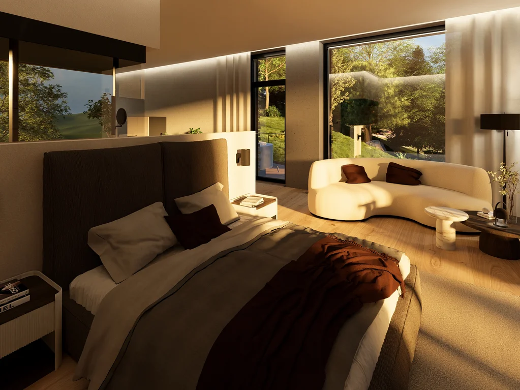 Modernes Schlafzimmer mit großem Bett und gemütlicher Sitzbank am Fenster