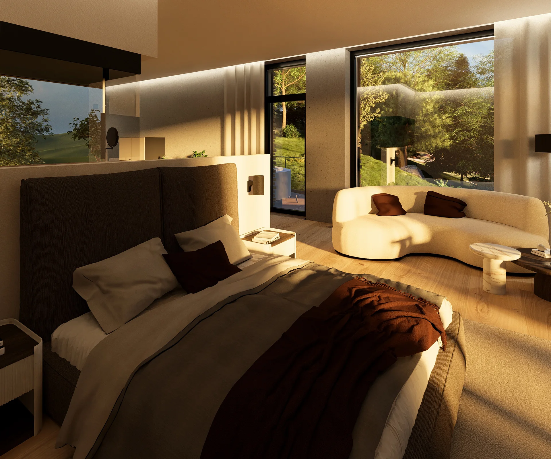 Wald 1 Modernes Schlafzimmer mit großem Bett und gemütlicher Sitzbank am Fenster