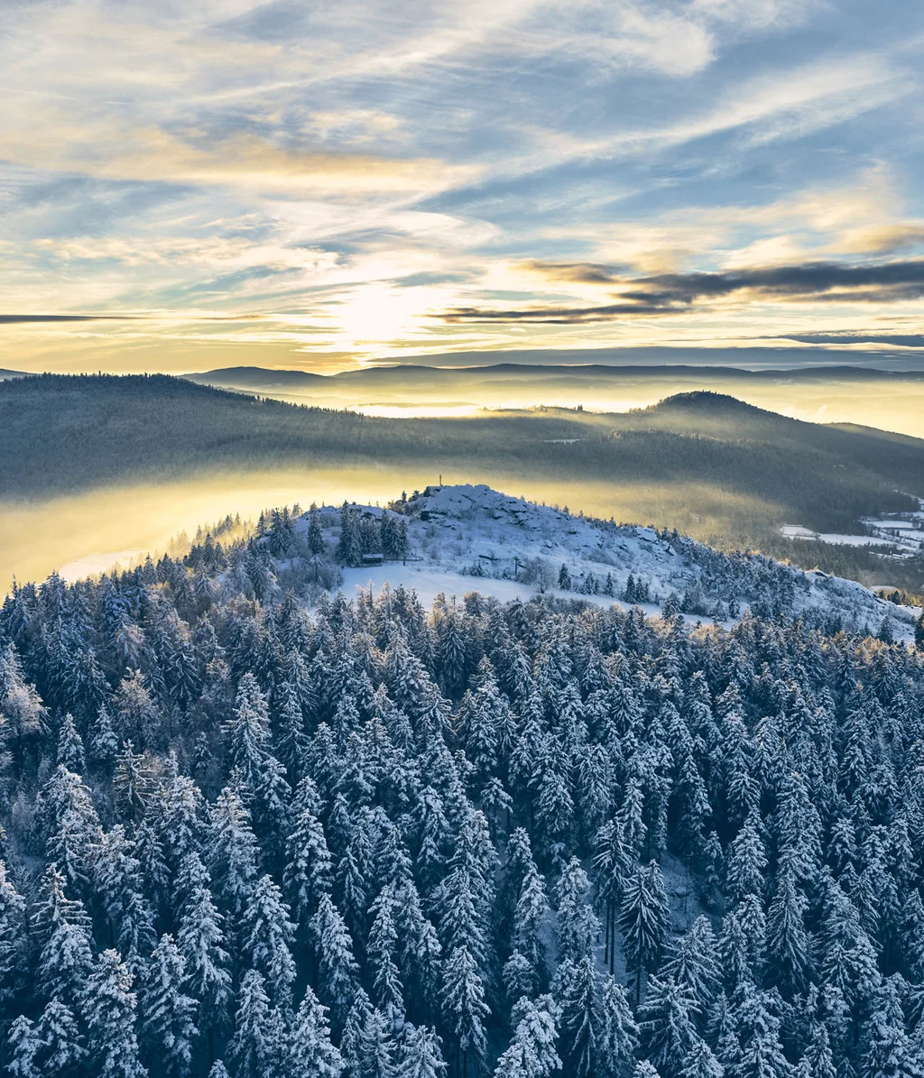 Verschneiter Wald und Hügel im Sonnenaufgang mit Nebel im Tal