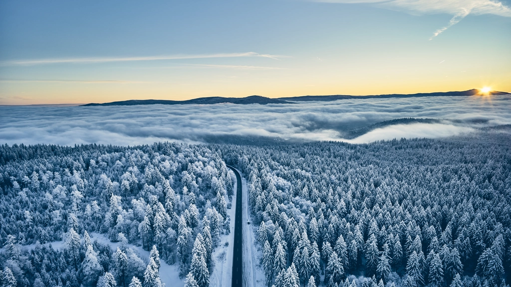 Schneebedeckter Wald mit Straße, Berge und Sonnenaufgang über Wolken