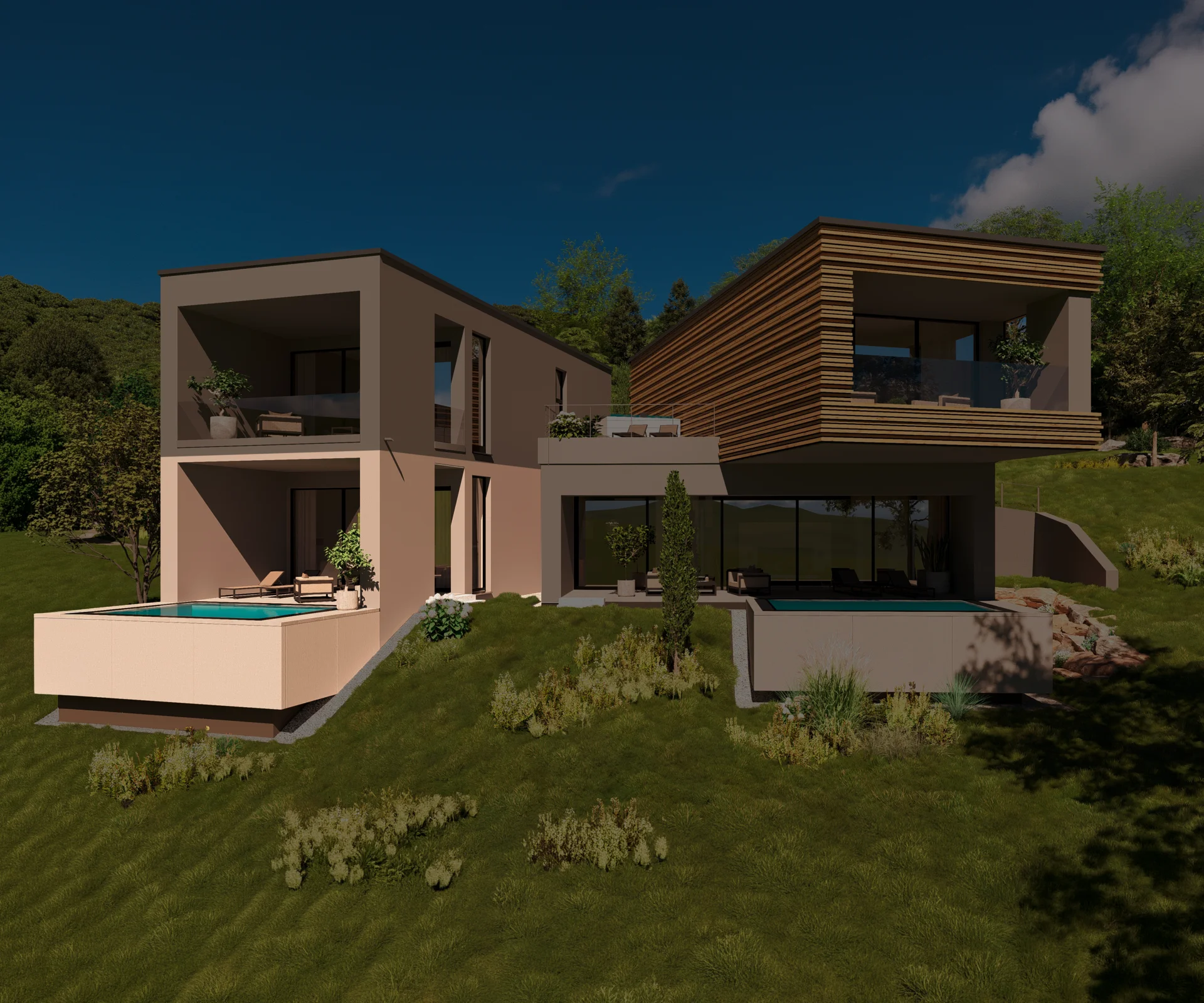 Turm 2 Modernes Haus mit zwei Pools und Terrasse auf grünem Hügel
