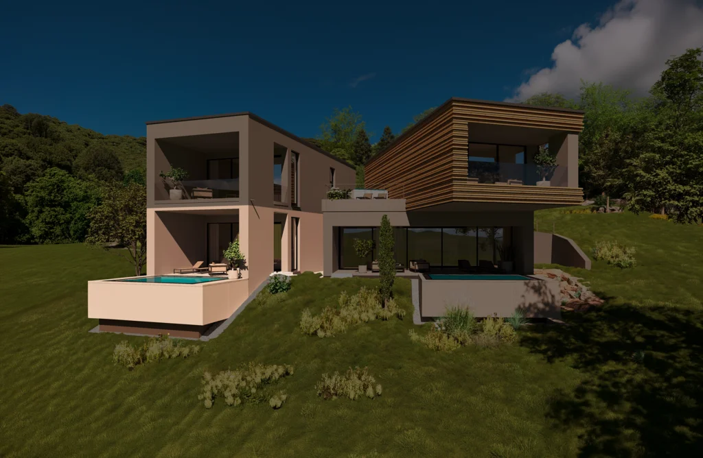Turm 2 Modernes Haus mit zwei Pools und Terrasse auf grünem Hügel