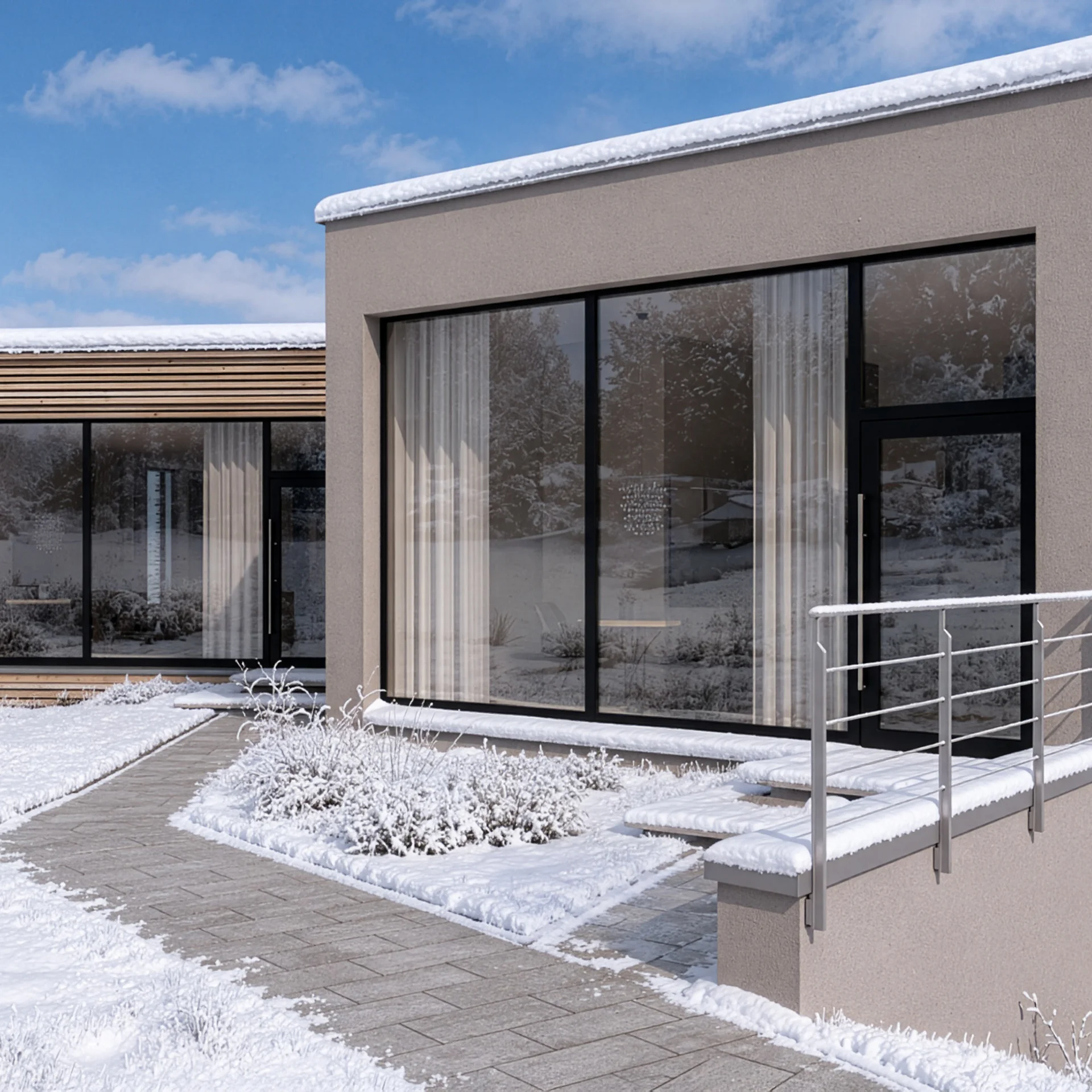 Modernes Gebäude mit großen Fenstern und Schnee bedecktem Dach und Garten