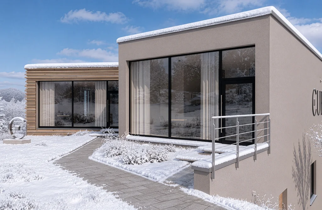Modernes Gebäude mit großen Fenstern und Schnee bedecktem Dach und Garten