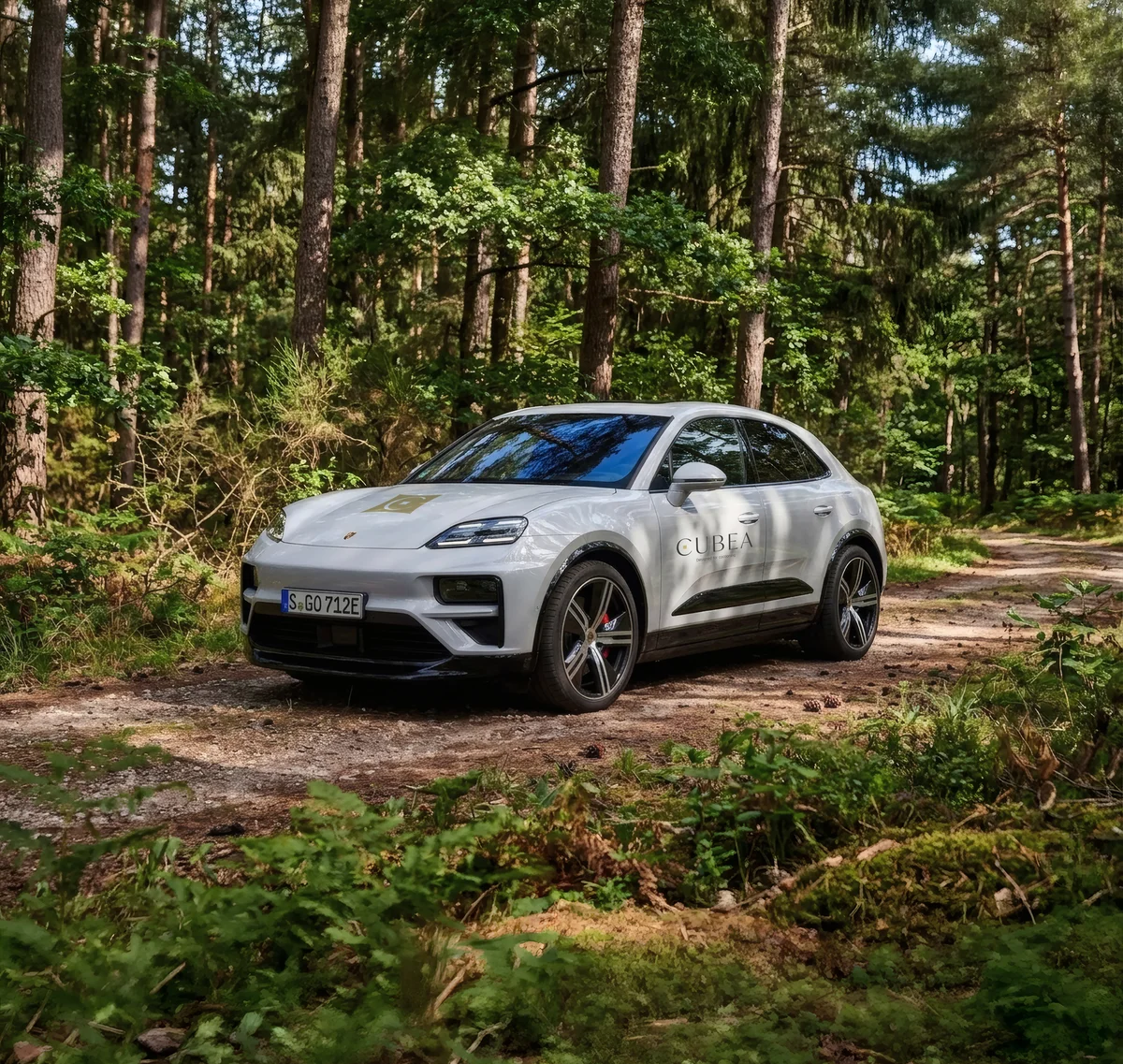 Weißes Auto auf Waldweg umgeben von Bäumen und Grün
