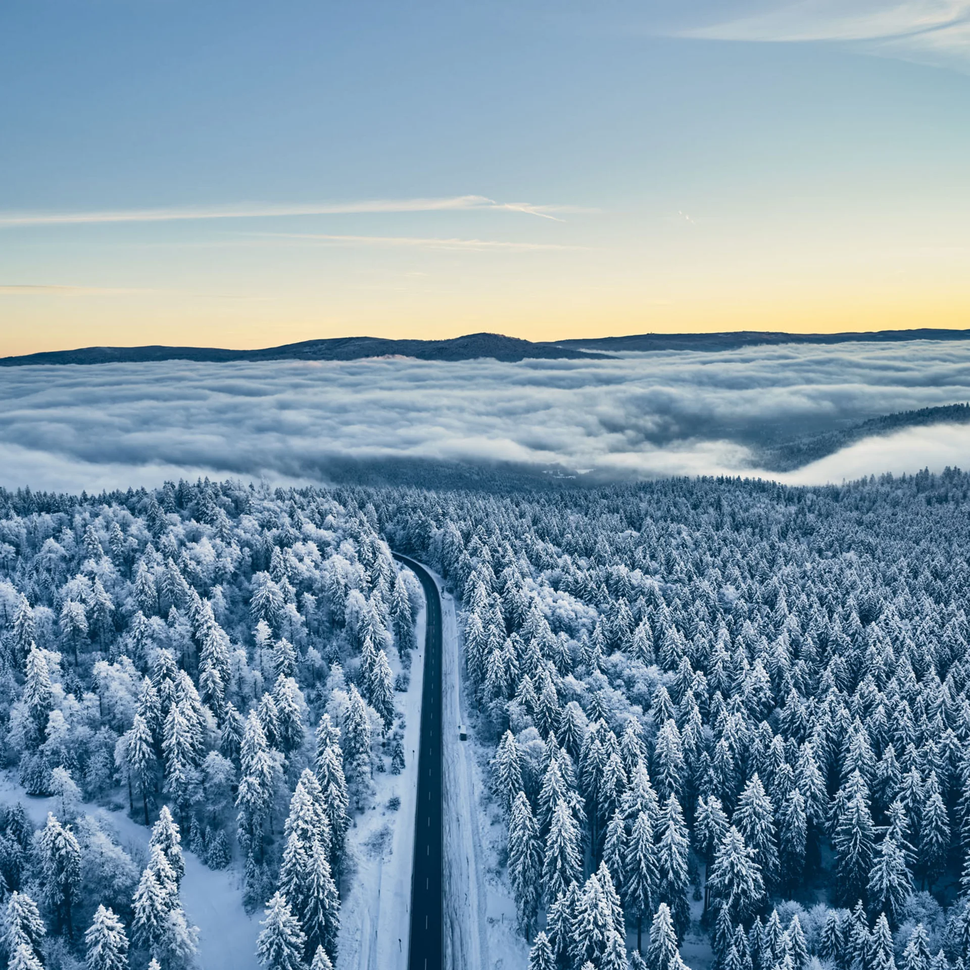 Verschneiter Wald mit Straße bei Sonnenaufgang und Nebel im Tal