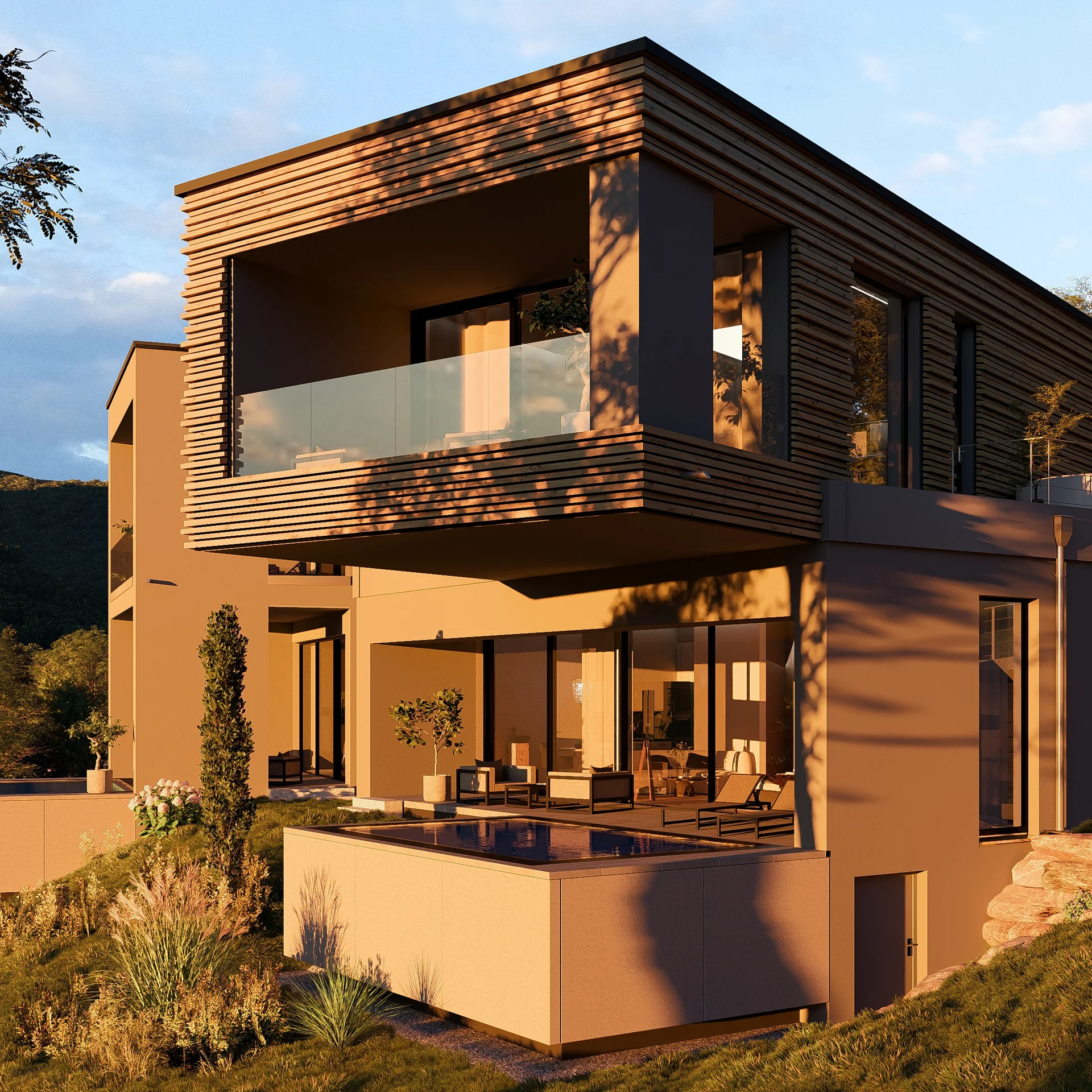 Modernes Haus mit Holzverkleidung und Terrasse in grüner Landschaft bei Sonnenuntergang
