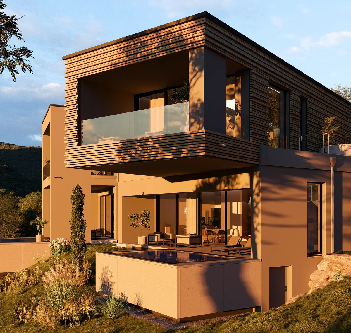 Modernes Haus mit Holzverkleidung und Terrasse in grüner Landschaft bei Sonnenuntergang