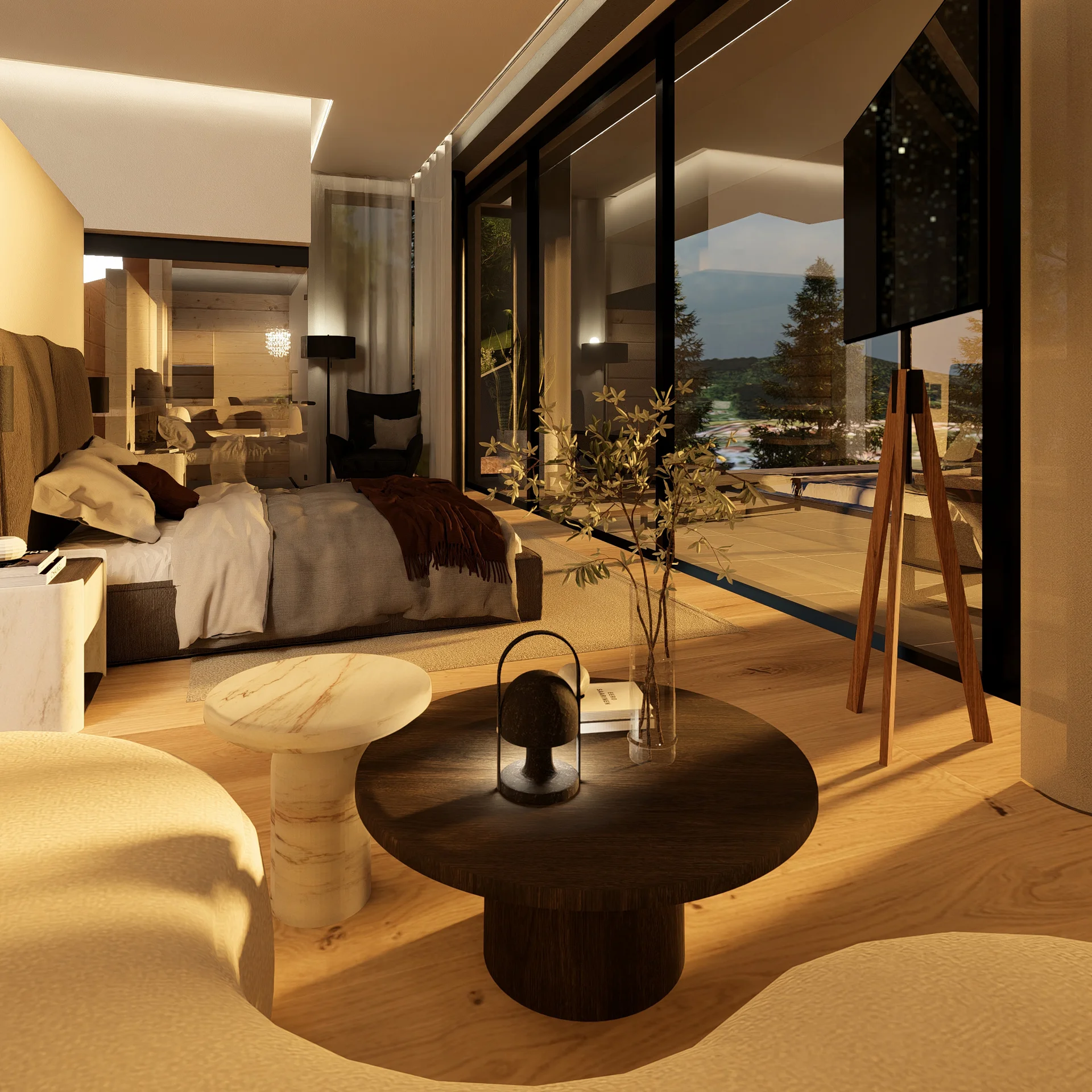 Modernes Hotelzimmer mit großem Bett, Sitzbereich und Panoramafenstern