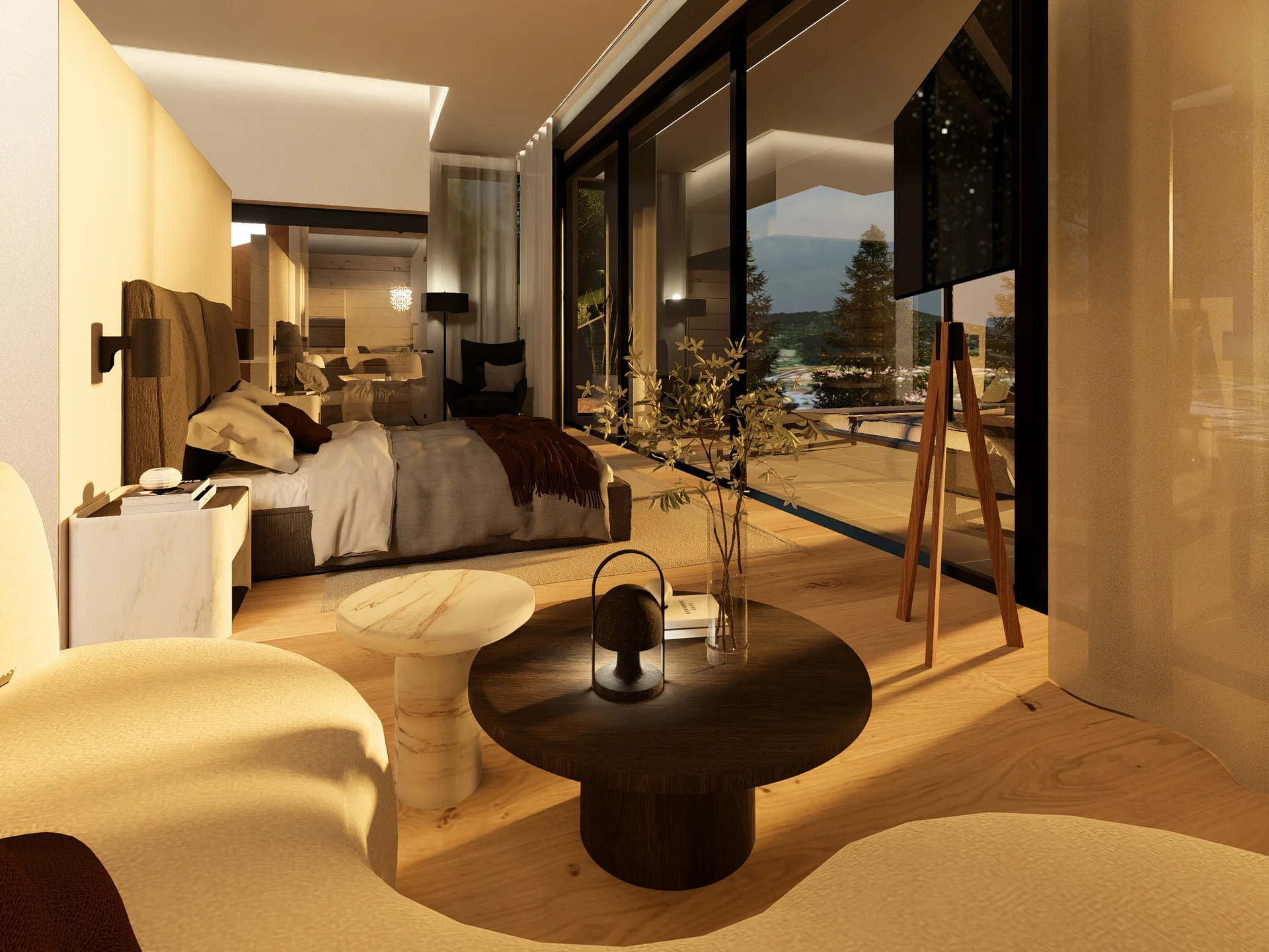 Modernes Hotelzimmer mit großem Bett, Sitzbereich und Panoramafenstern