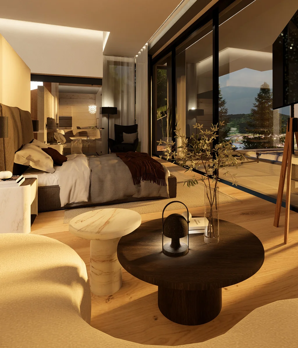 Modernes Hotelzimmer mit großem Bett, Sitzbereich und Panoramafenstern