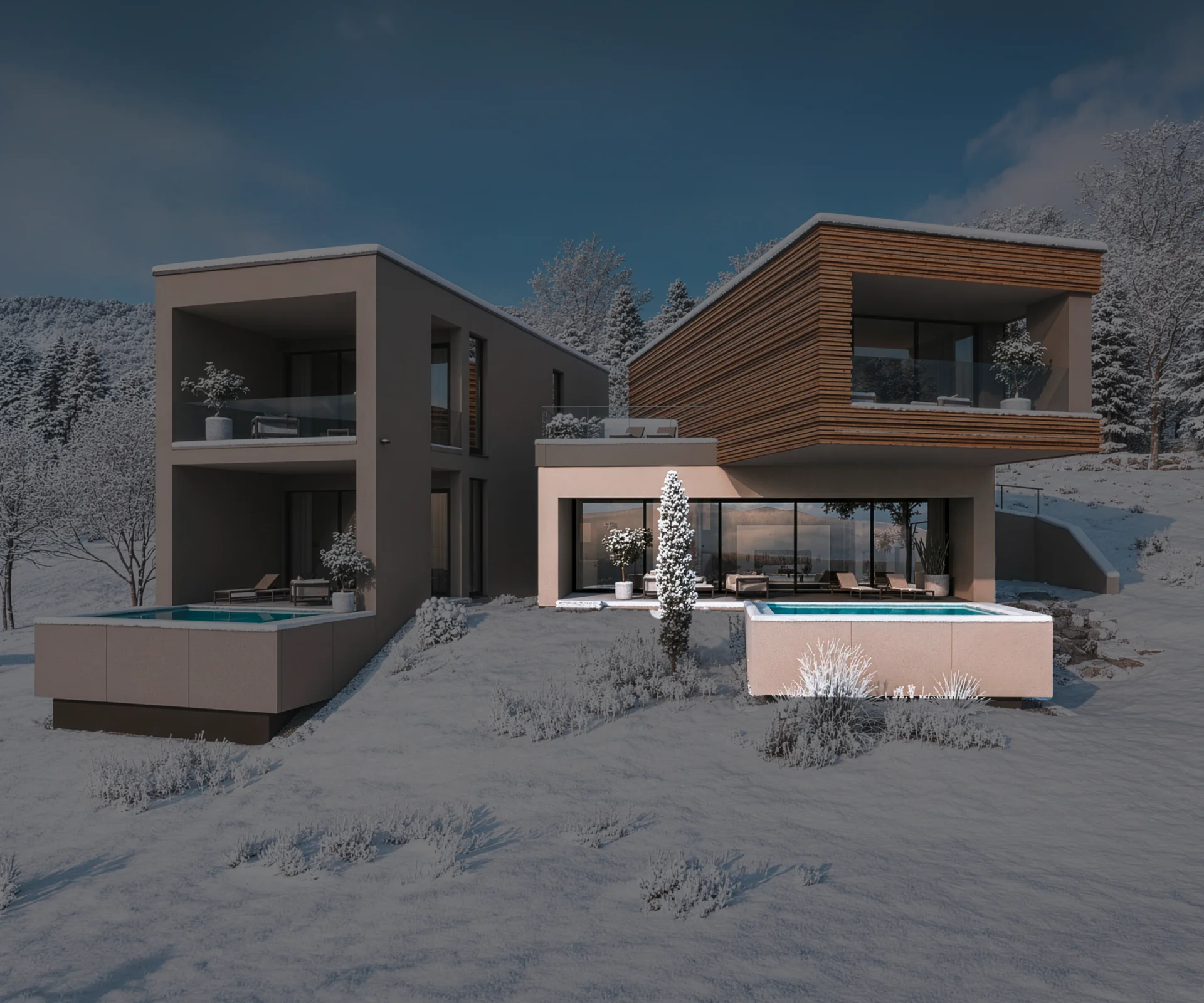 Wald 2 Modernes Haus mit zwei Pools in verschneiter Winterlandschaft