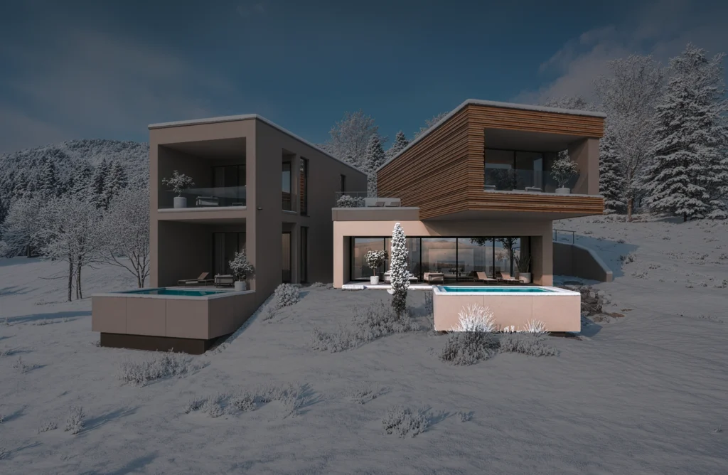 Wald 2 Modernes Haus mit zwei Pools in verschneiter Winterlandschaft