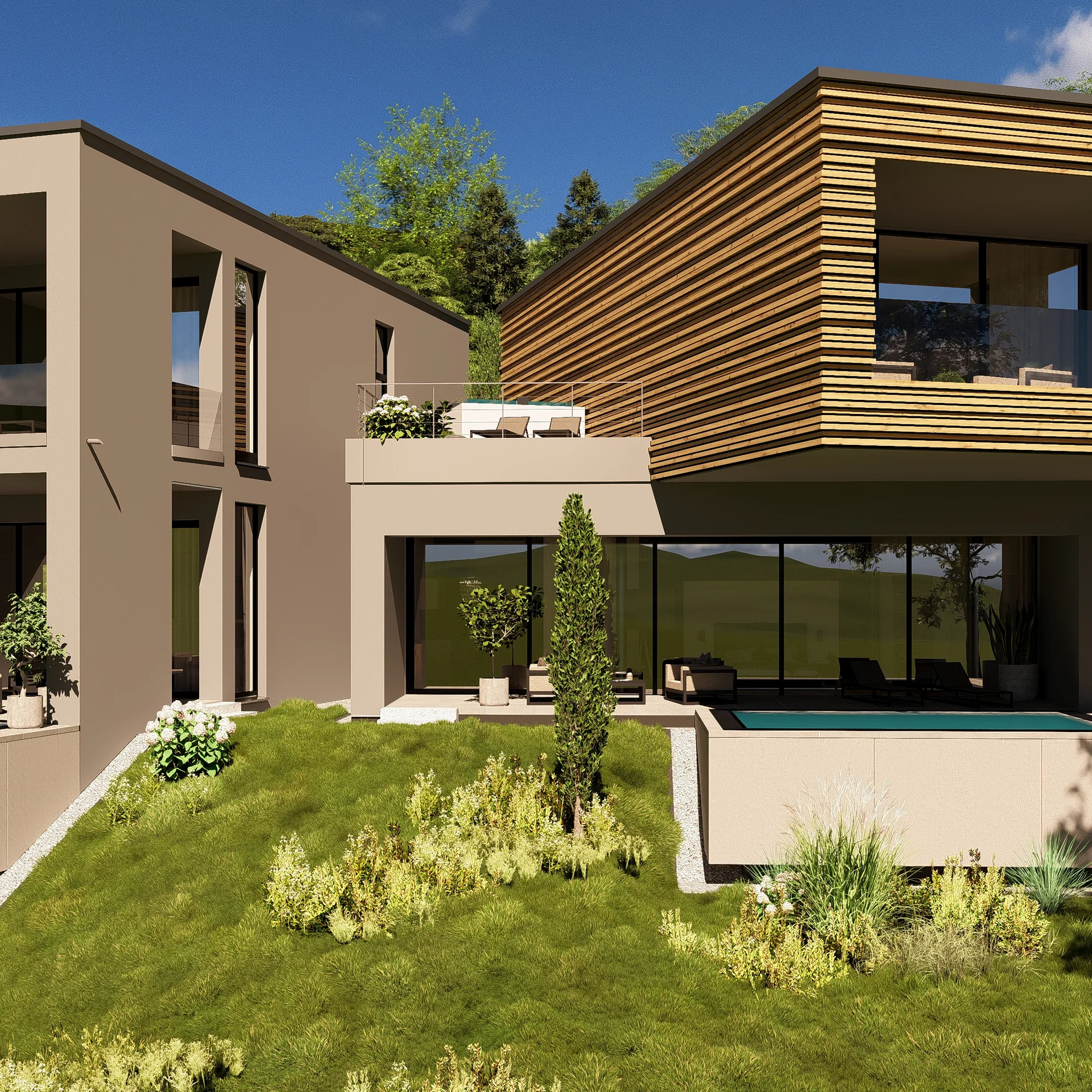 Modernes Haus mit zwei Pools und Balkon in grüner Landschaft