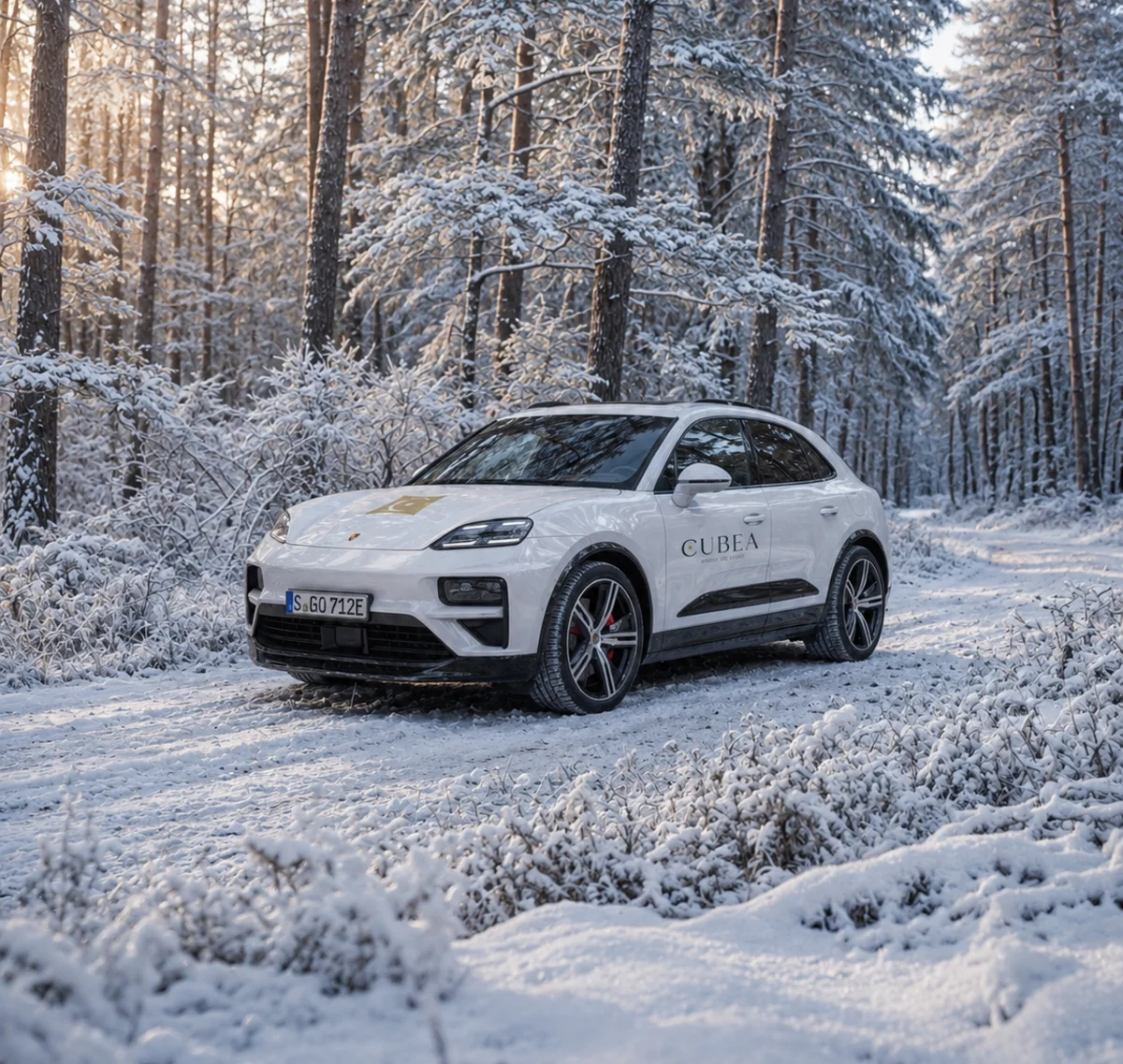 Weißes Auto auf verschneiter Waldstraße im Winter