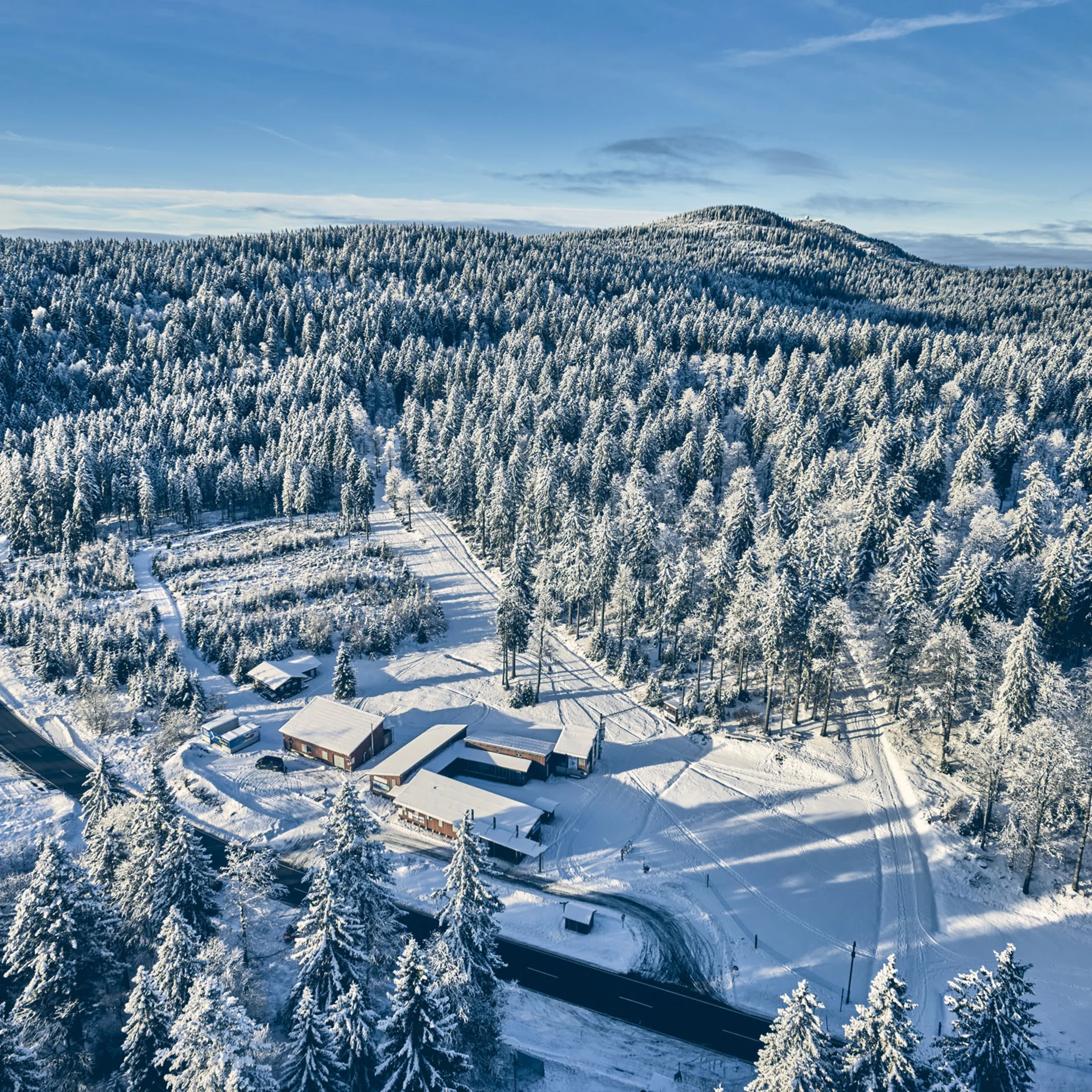 Luftaufnahme eines verschneiten Waldes mit Gebäuden und Straßen im Winter