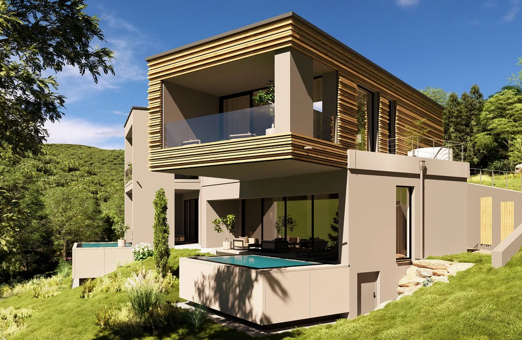 Wald 2 Modernes Haus mit Holzverkleidung und Pool in grüner Landschaft