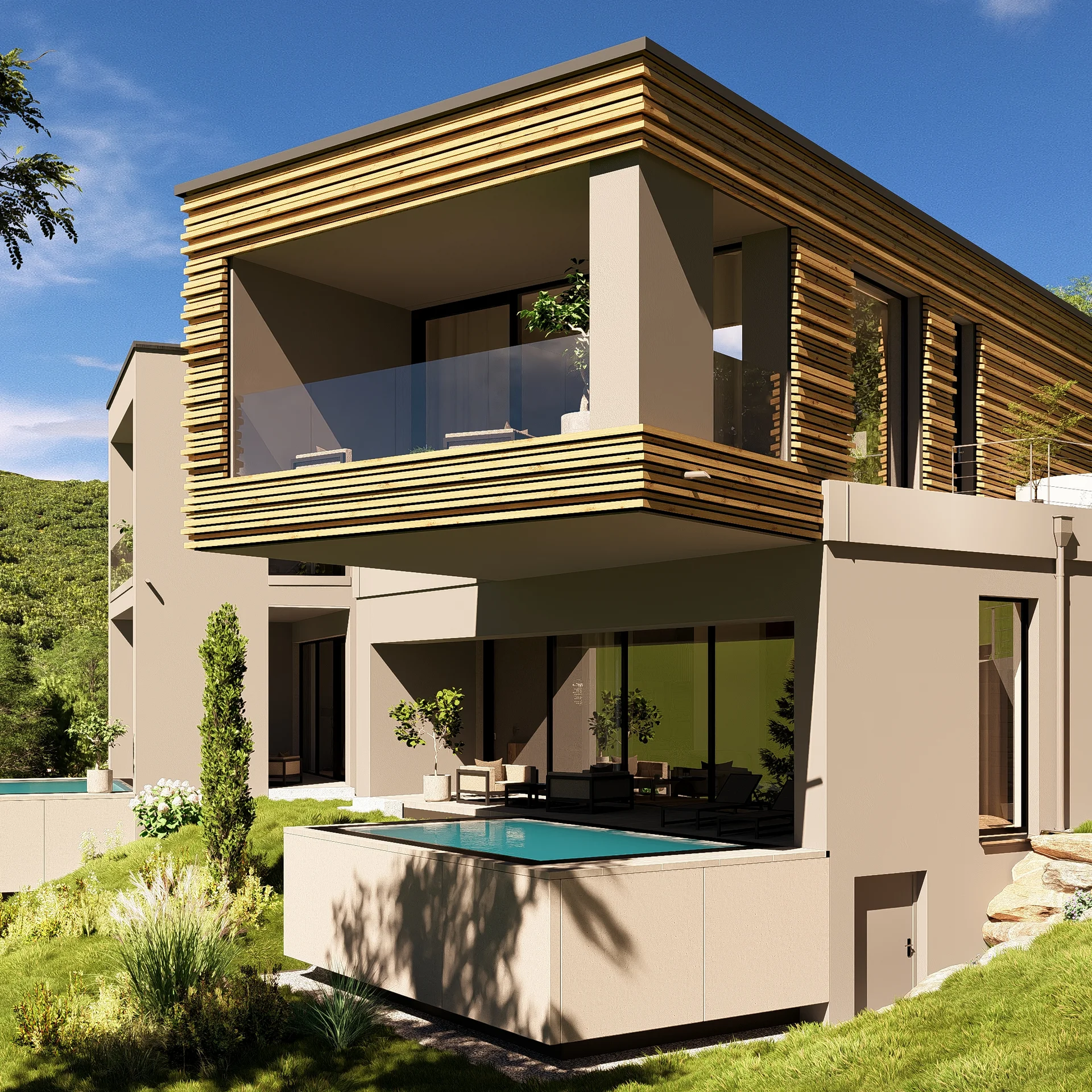 Modernes Haus mit Holzverkleidung und Pool in grüner Landschaft