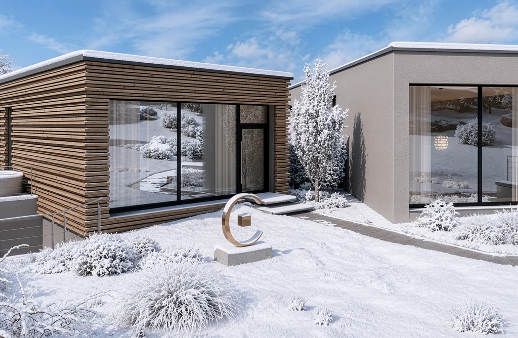 Wald 1 Modernes Haus mit Holzverkleidung und Schnee im Garten bei klarem Himmel