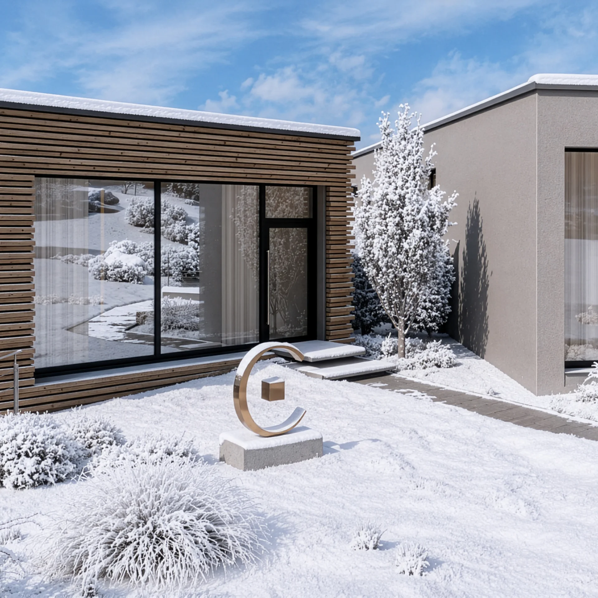 Modernes Haus mit Holzverkleidung und Schnee im Garten bei klarem Himmel