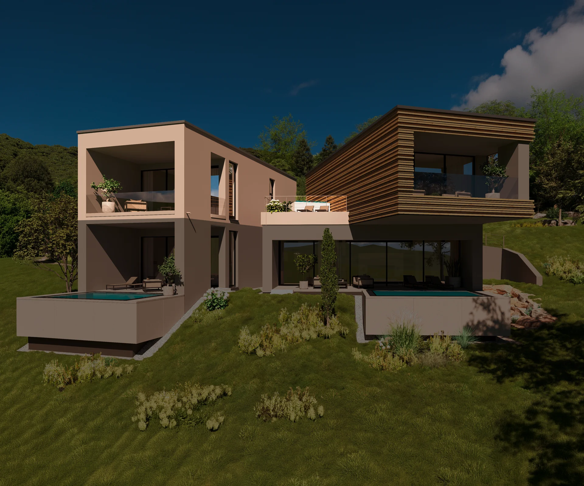 Modernes Haus mit zwei Pools in grüner Landschaft bei klarem Himmel