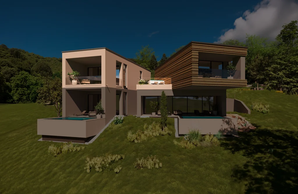 Modernes Haus mit zwei Pools in grüner Landschaft bei klarem Himmel