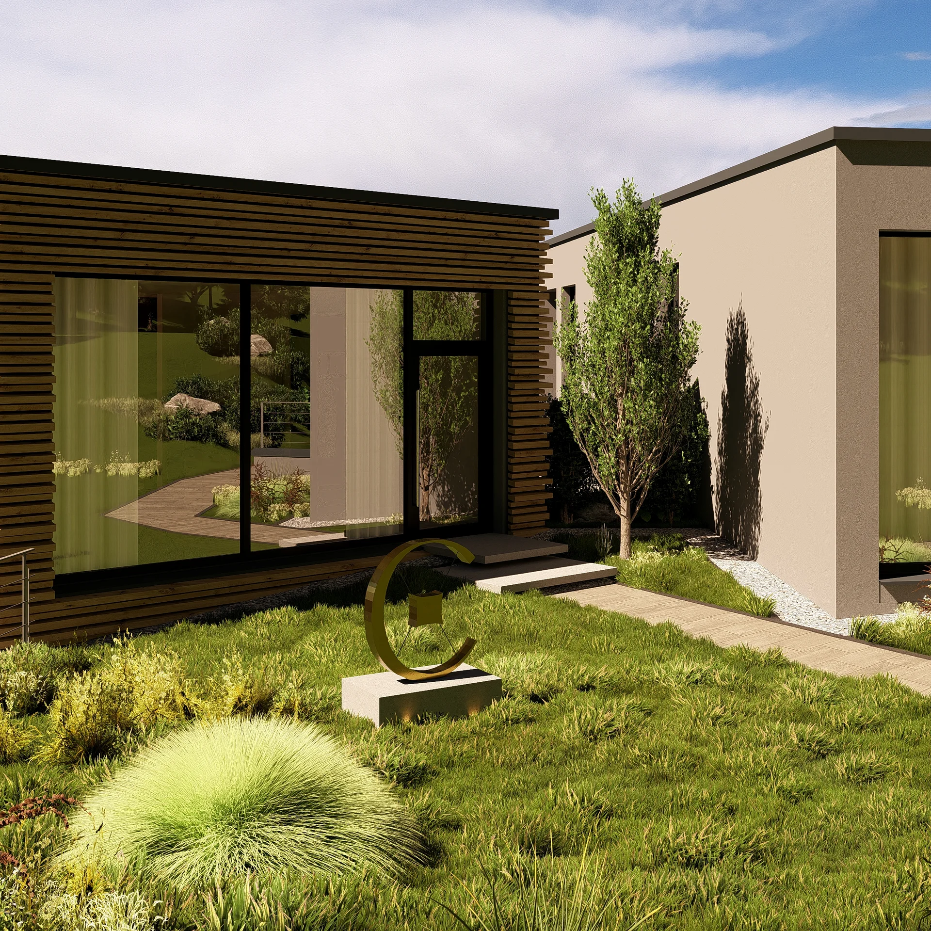 Modernes Haus mit Holzverkleidung und großem Garten bei sonnigem Wetter