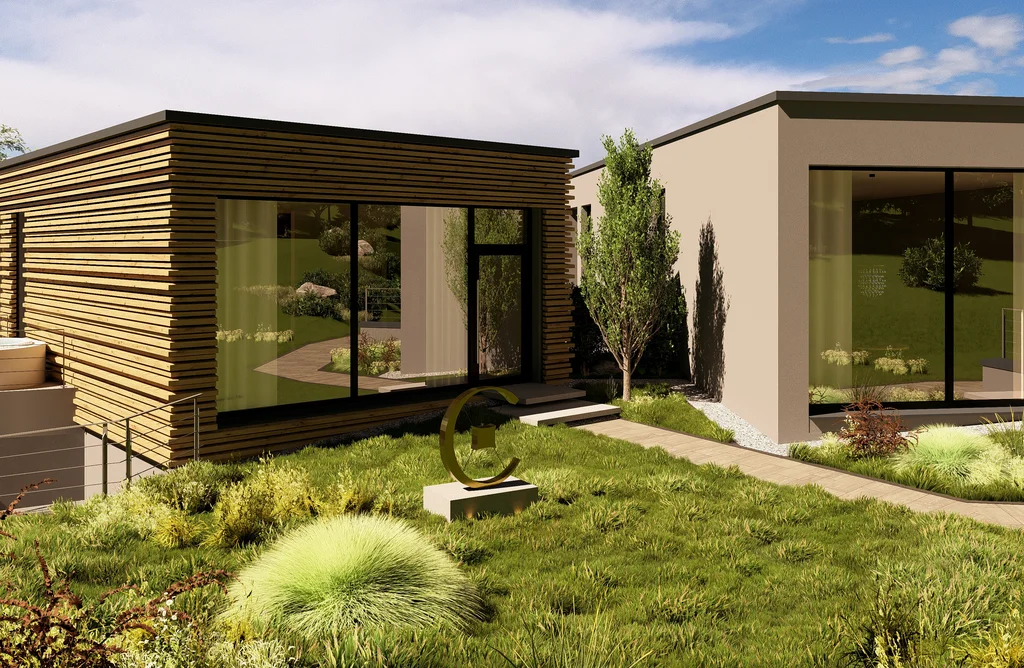 Wald 1 Modernes Haus mit Holzverkleidung und großem Garten bei sonnigem Wetter