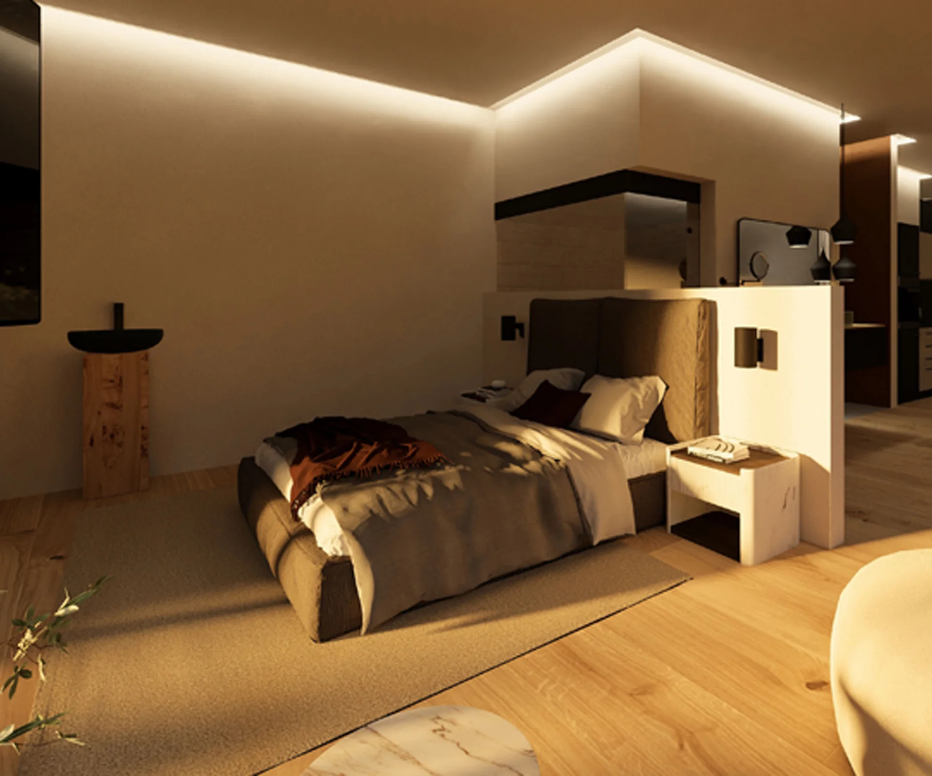 Turm 2 Modernes Schlafzimmer mit Doppelbett, indirekter Beleuchtung und Holzboden