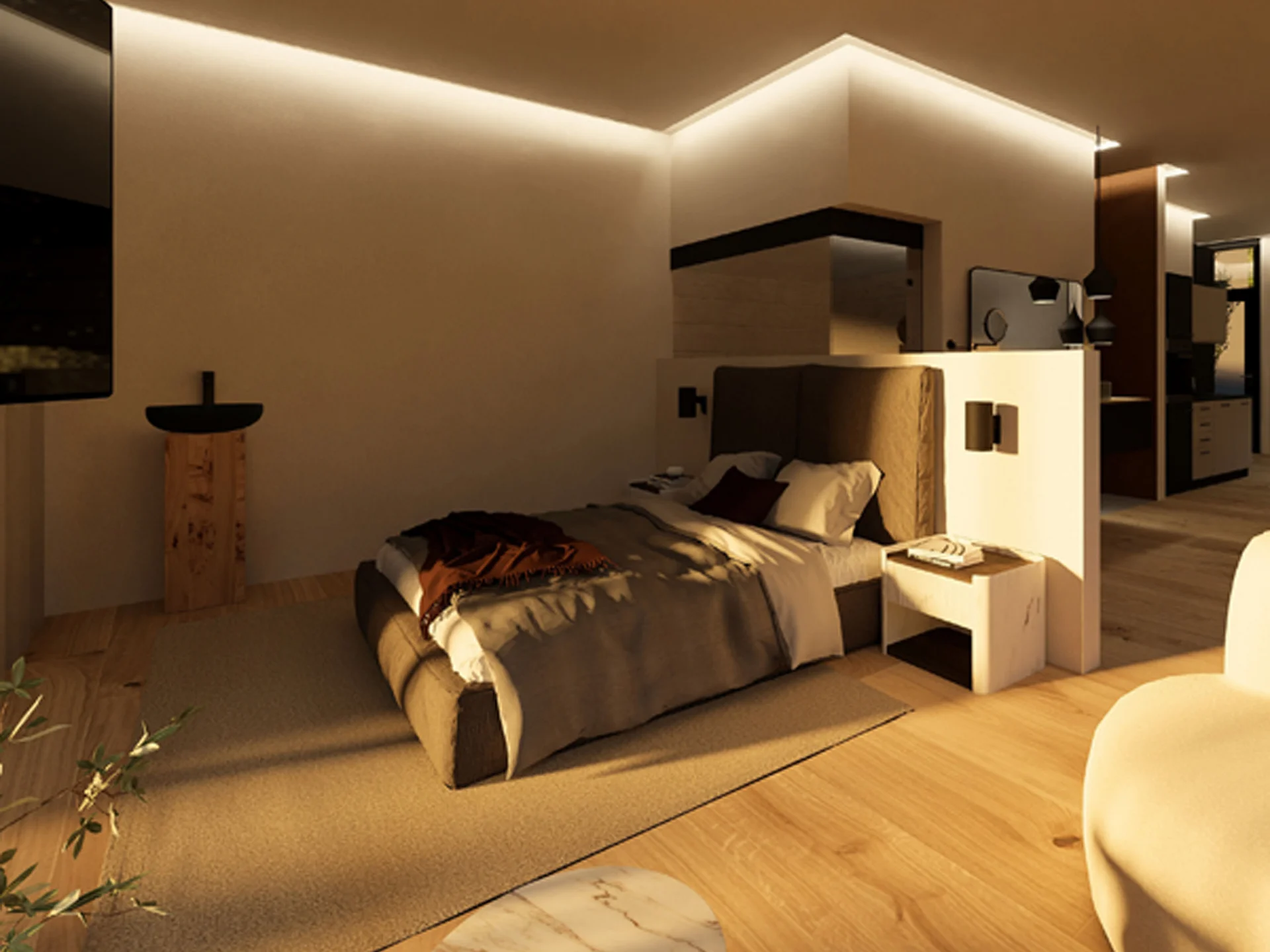 Turm 2 Modernes Schlafzimmer mit Doppelbett, indirekter Beleuchtung und Holzboden
