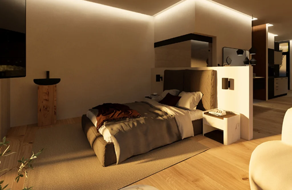 Turm 2 Modernes Schlafzimmer mit Doppelbett, indirekter Beleuchtung und Holzboden