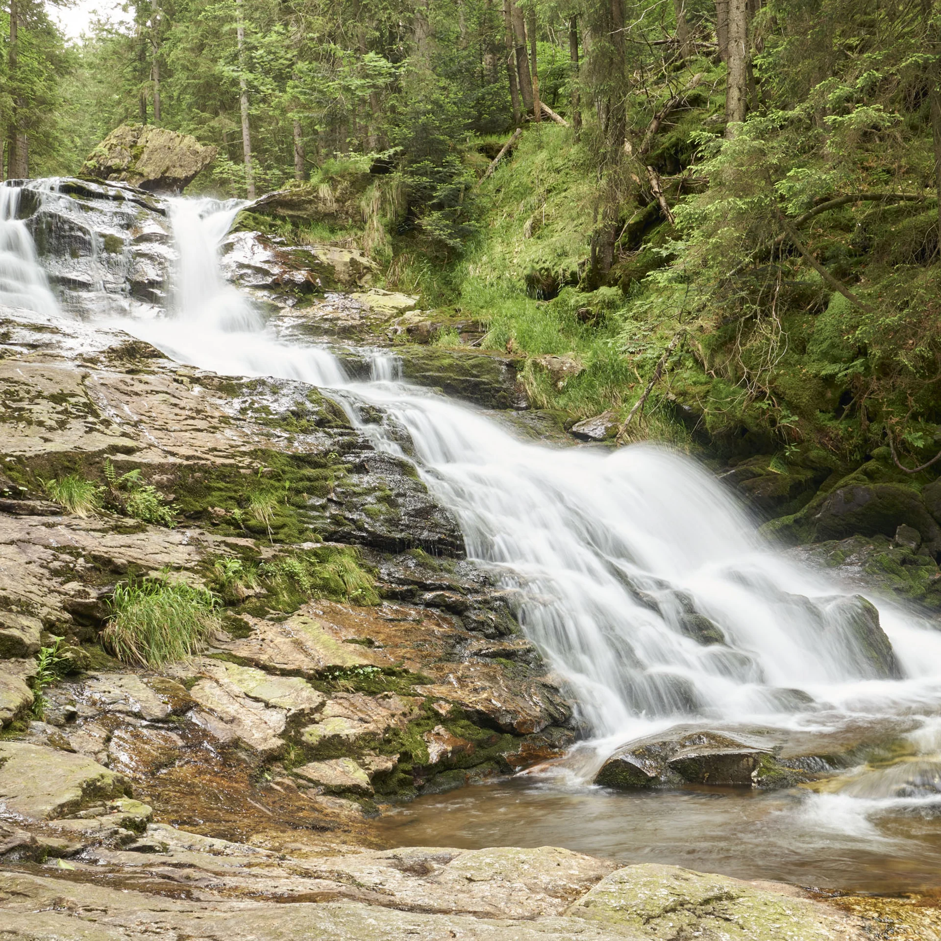Wanderer steht neben einem Wasserfall in einem bewaldeten Gebiet