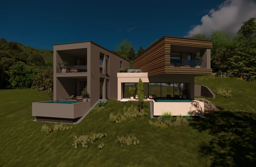 Wald 2 Modernes Haus mit zwei Pools auf einem grünen Hügel bei klarem Himmel