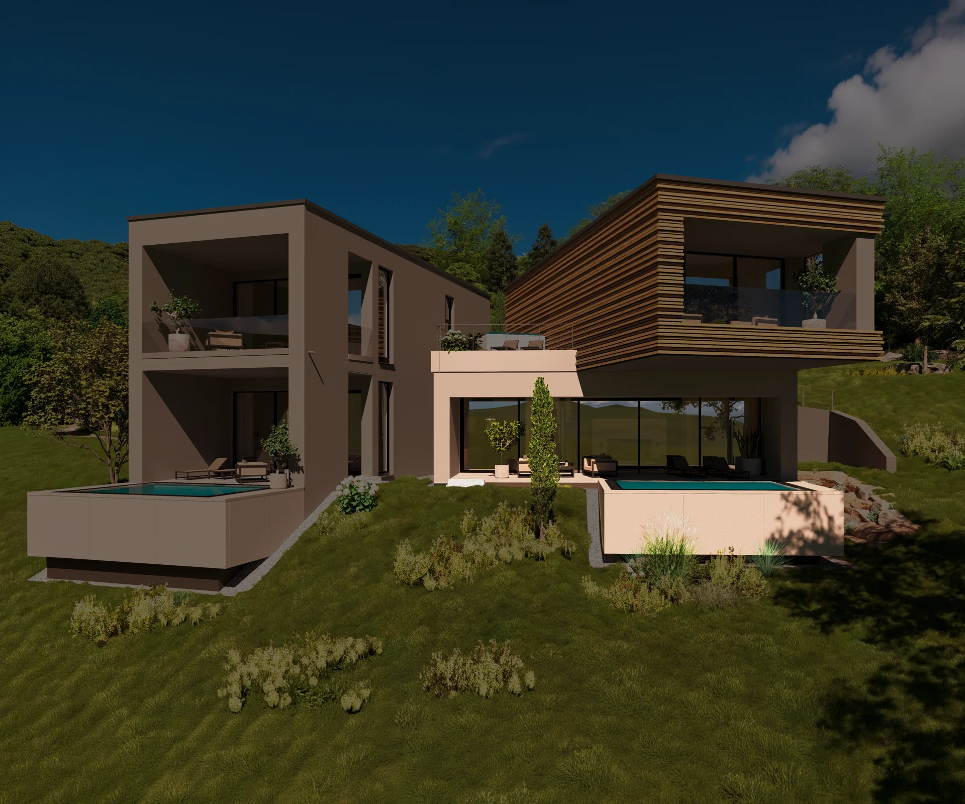 Wald 2 Modernes Haus mit zwei Pools auf einem grünen Hügel bei klarem Himmel