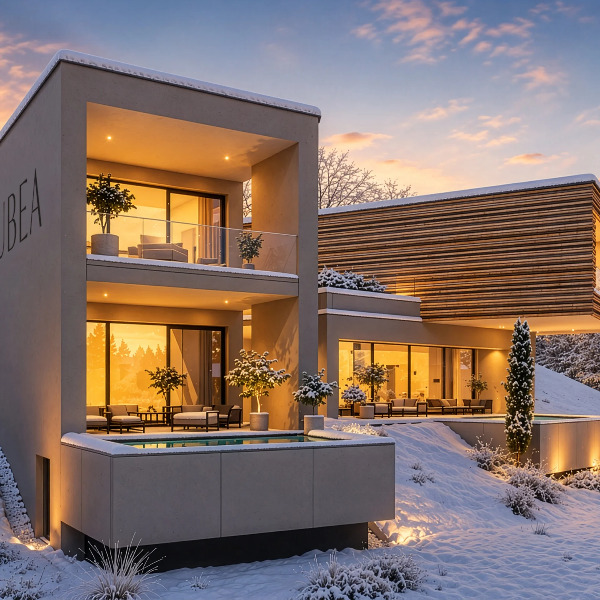 Modernes Haus mit beleuchteten Fenstern und Schnee bei Sonnenuntergang